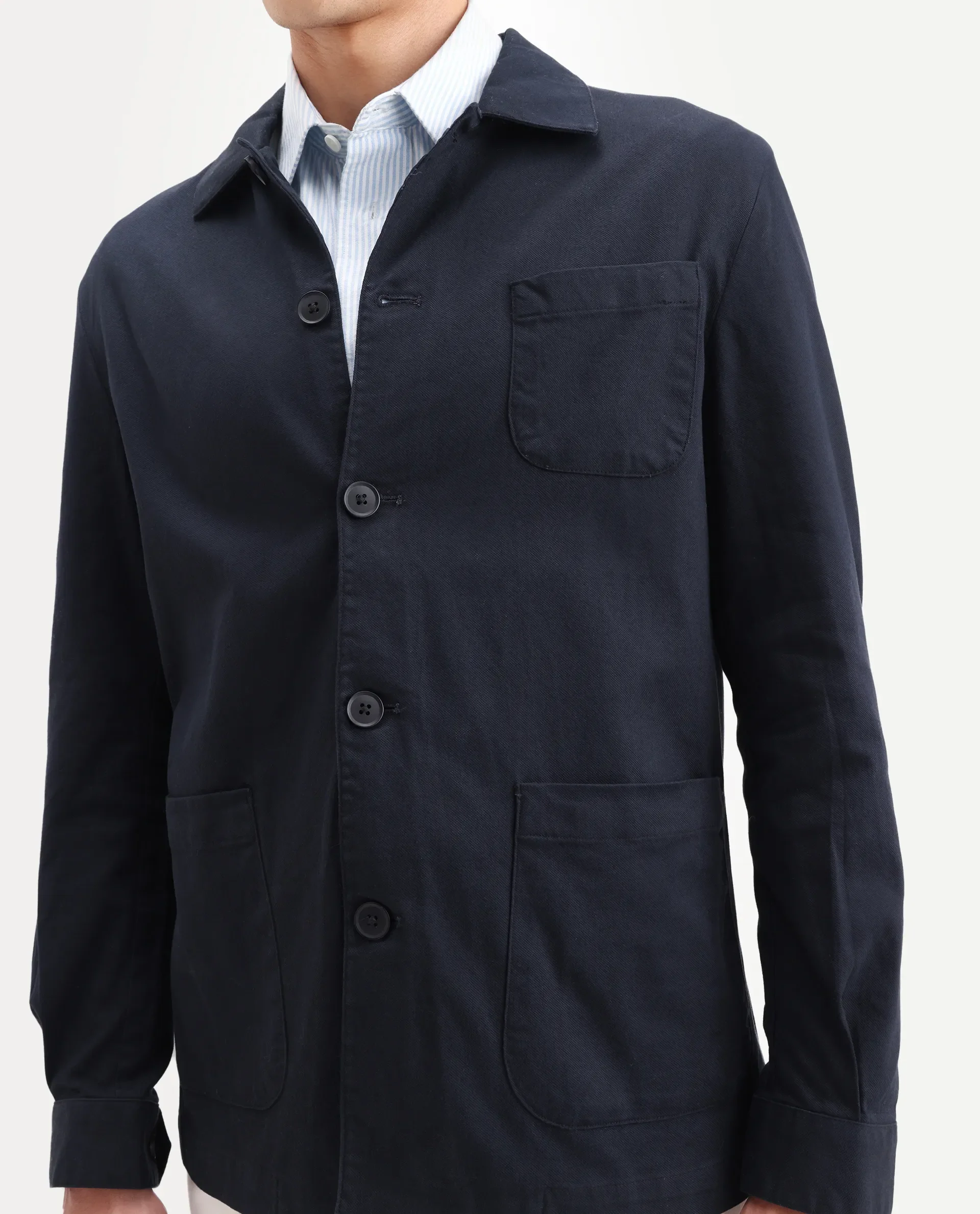 Rare Rabbit Men's Torroy Dark Navy Cotton Blend Plain Regular Fit Full Sleeve Spread Collar Jacket - Image 3