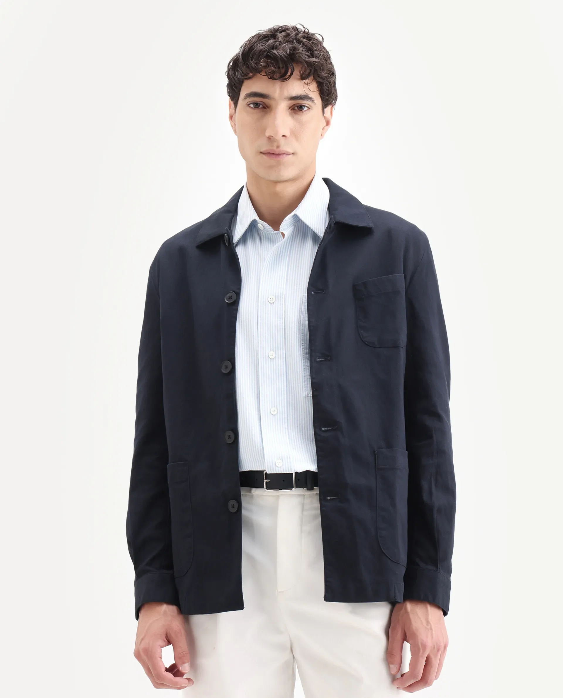 Rare Rabbit Men's Torroy Dark Navy Cotton Blend Plain Regular Fit Full Sleeve Spread Collar Jacket - Image 4