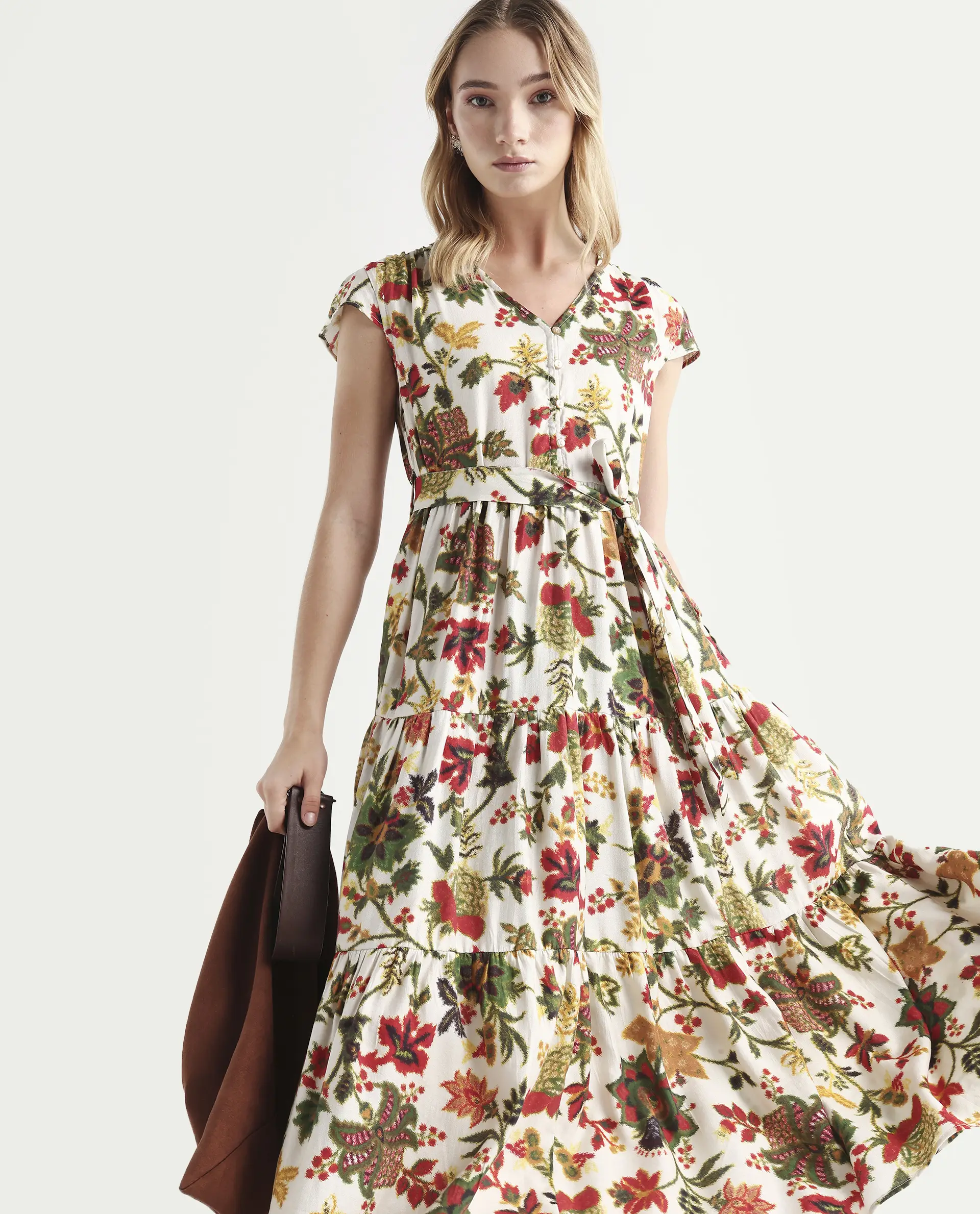 Rareism Women's Tosa Multi Viscose Blend V-Neck Floral Print Cap Sleeve Midi Fit And Flare Dress - Image 2