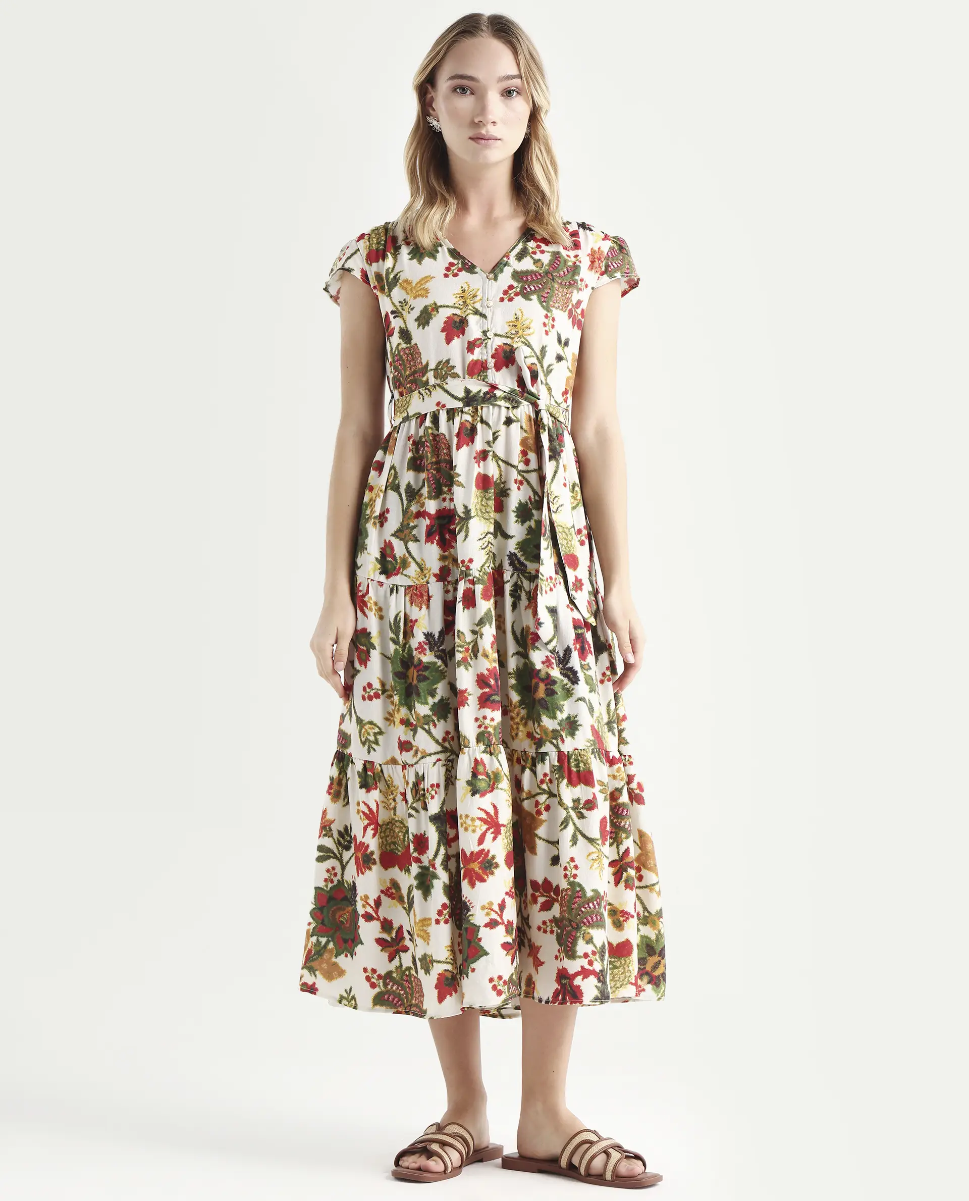 Rareism Women's Tosa Multi Viscose Blend V-Neck Floral Print Cap Sleeve Midi Fit And Flare Dress - Image 3