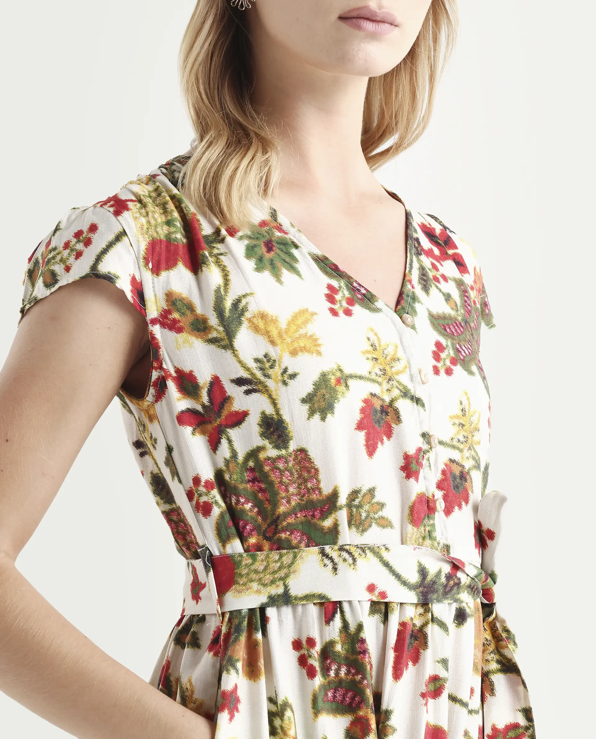Rareism Women's Tosa Multi Viscose Blend V-Neck Floral Print Cap Sleeve Midi Fit And Flare Dress - Image 4