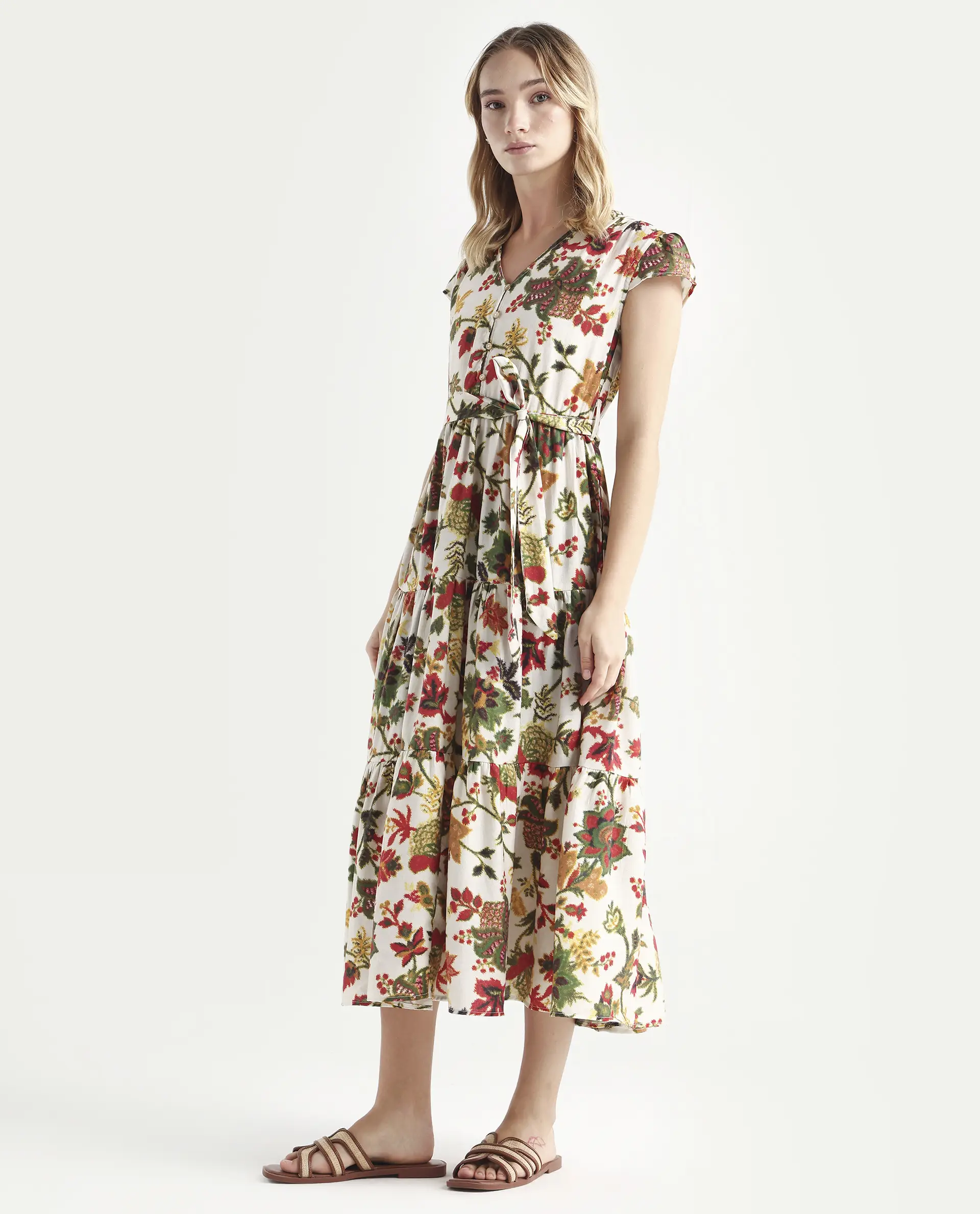 Rareism Women's Tosa Multi Viscose Blend V-Neck Floral Print Cap Sleeve Midi Fit And Flare Dress - Image 5