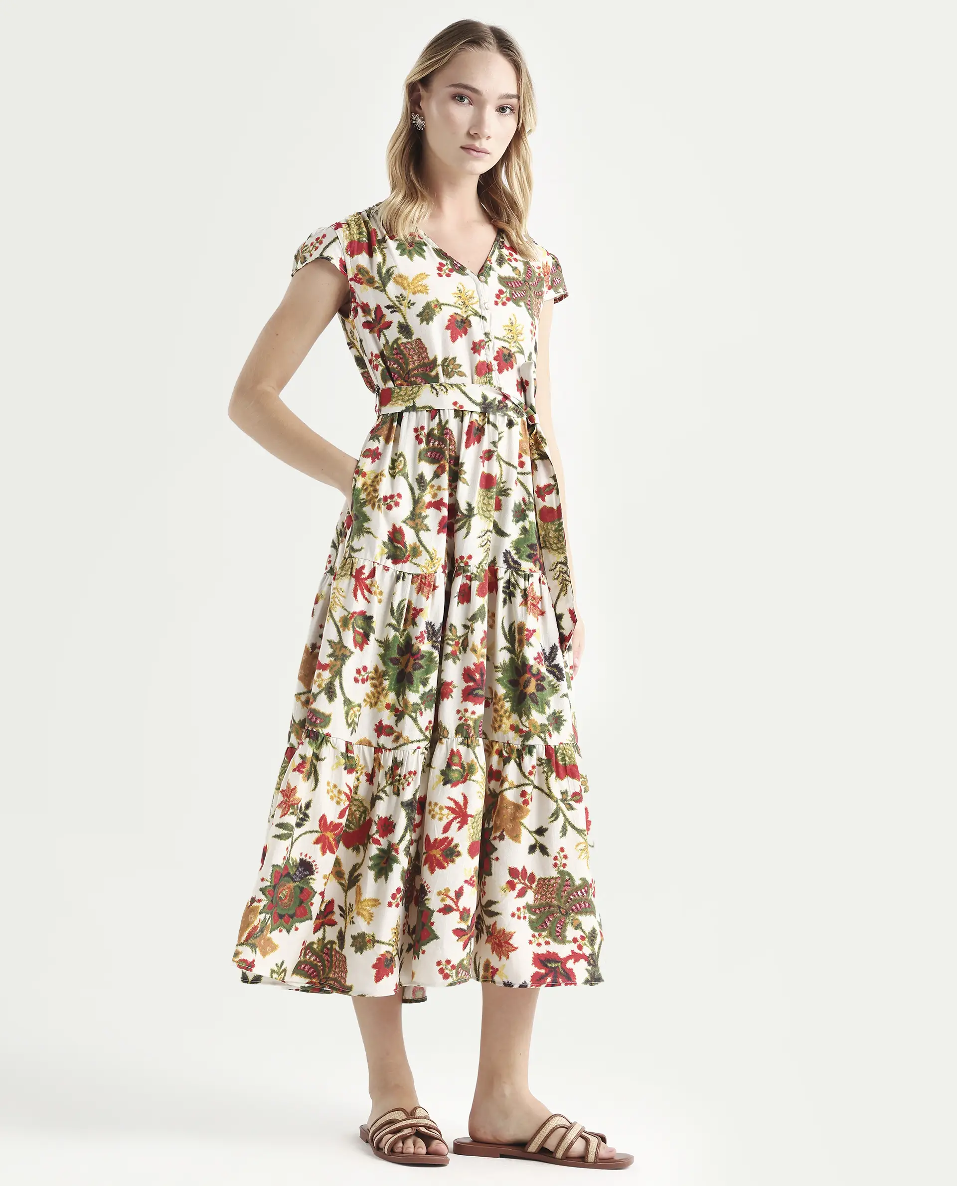 Rareism Women's Tosa Multi Viscose Blend V-Neck Floral Print Cap Sleeve Midi Fit And Flare Dress - Image 6