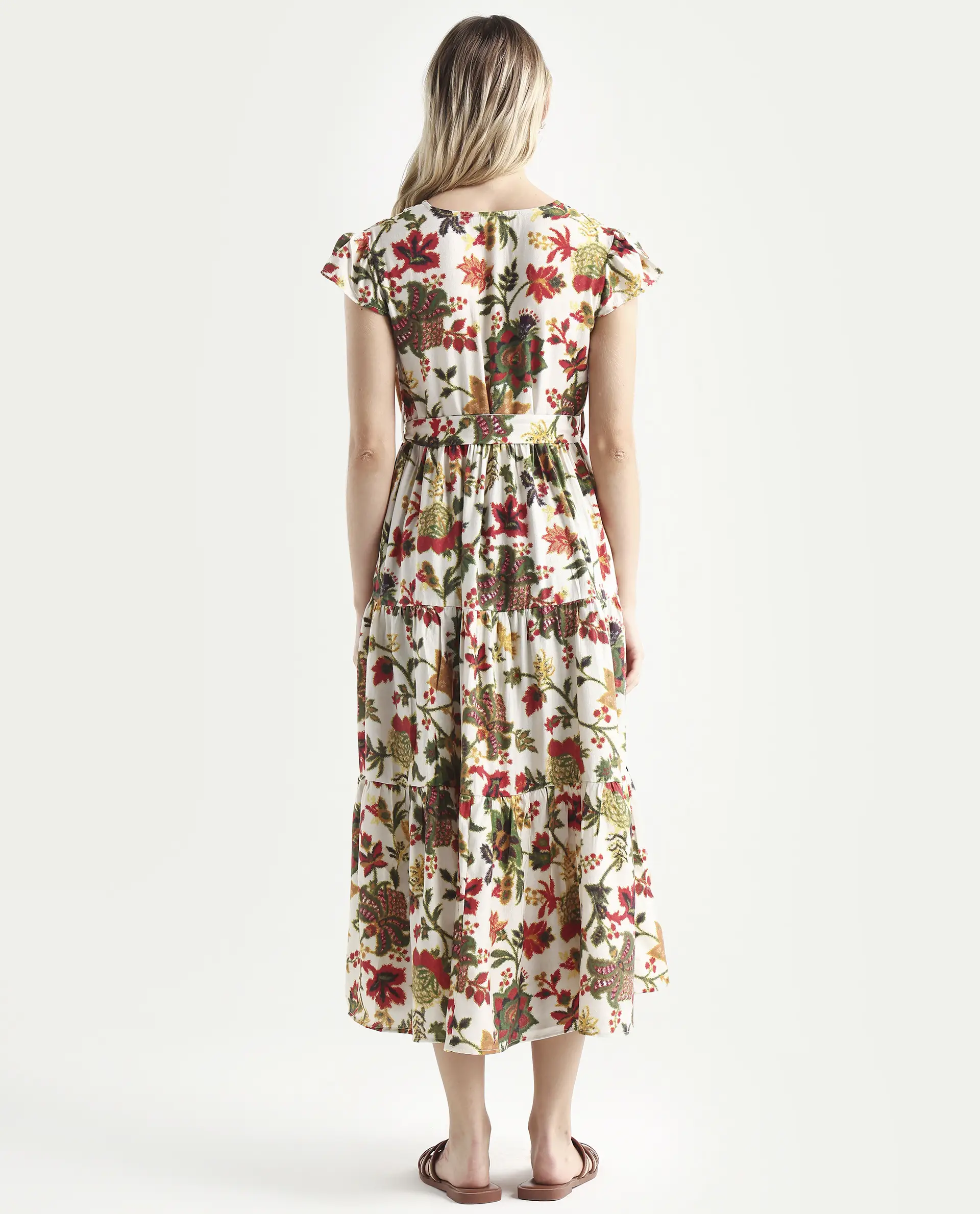 Rareism Women's Tosa Multi Viscose Blend V-Neck Floral Print Cap Sleeve Midi Fit And Flare Dress - Image 7