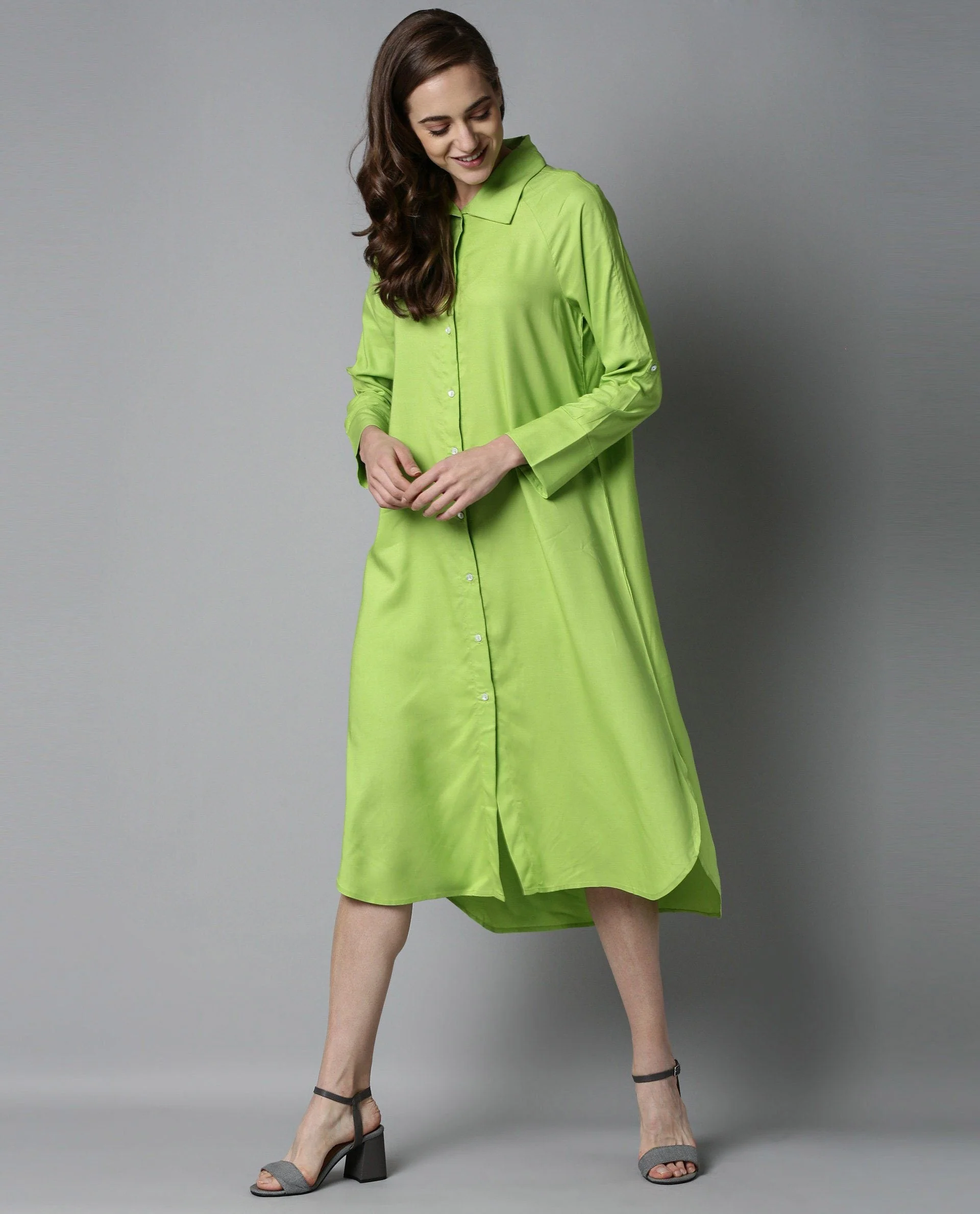 Rareism Women Toss Green Dress Short Sleeves Solid - Image 3