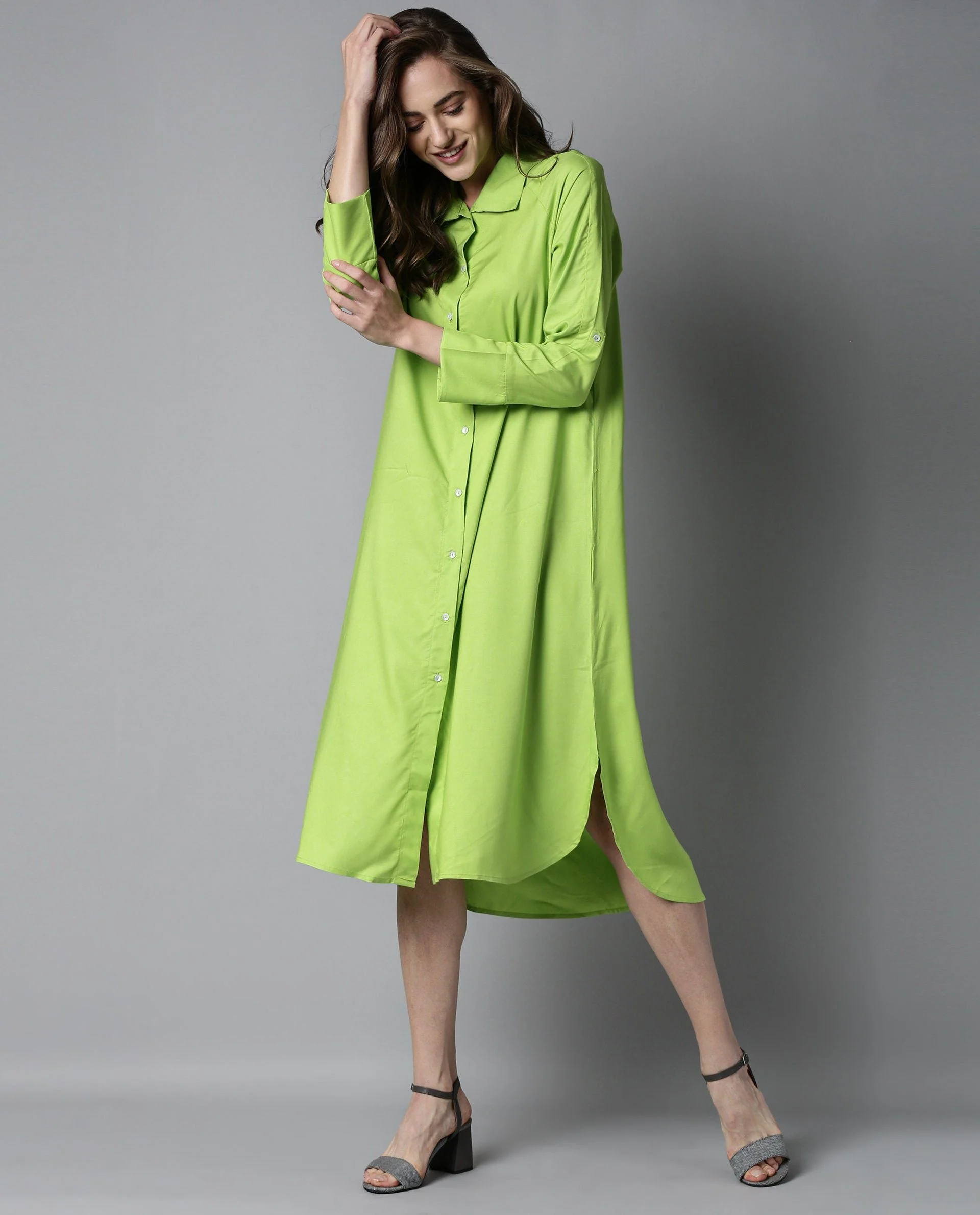 Rareism Women Toss Green Dress Short Sleeves Solid - Image 4