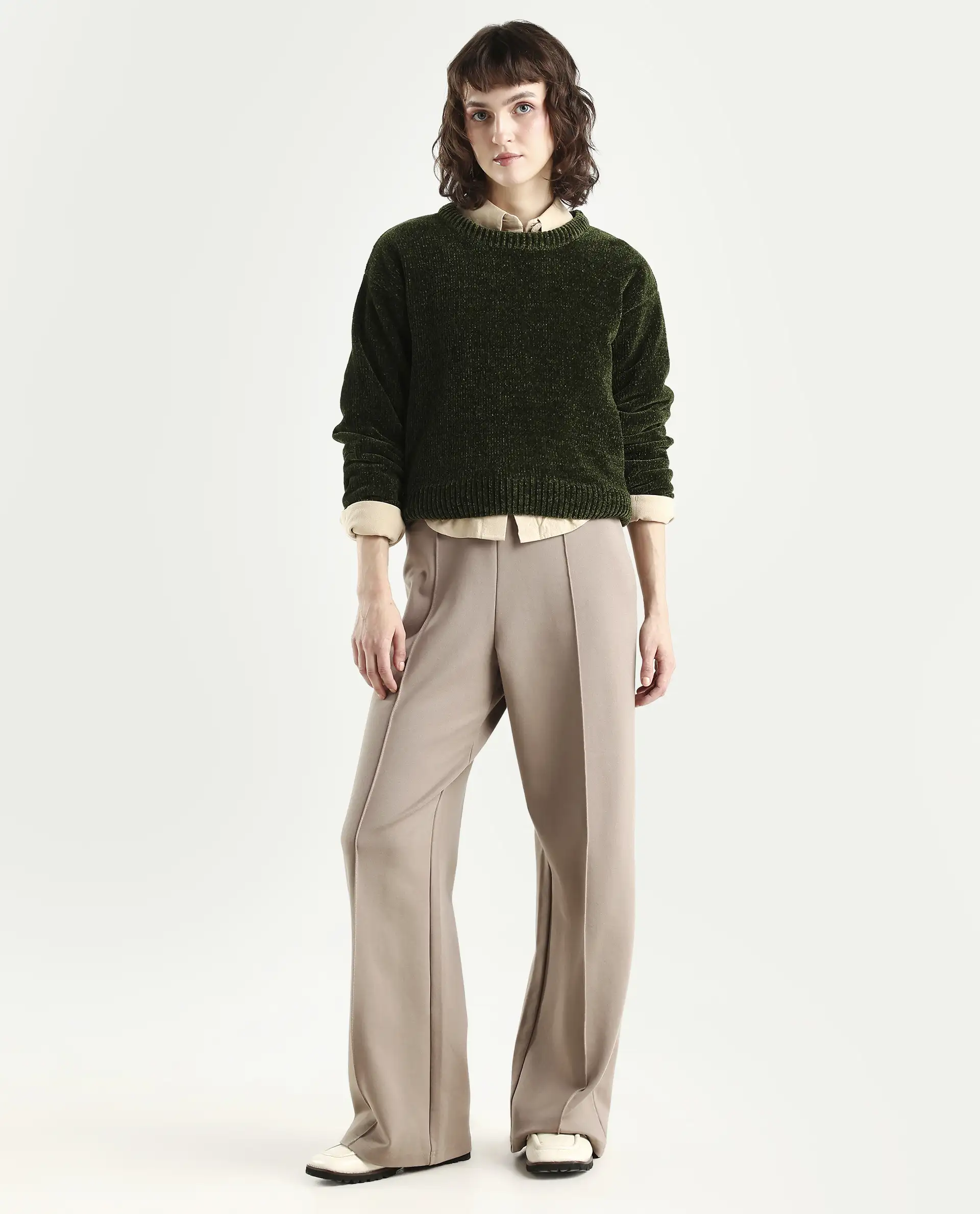 Rareism Women's Tosta Dark Olive Acrylic Crew Neck Relaxed Fit Plain Sweater - Image 2