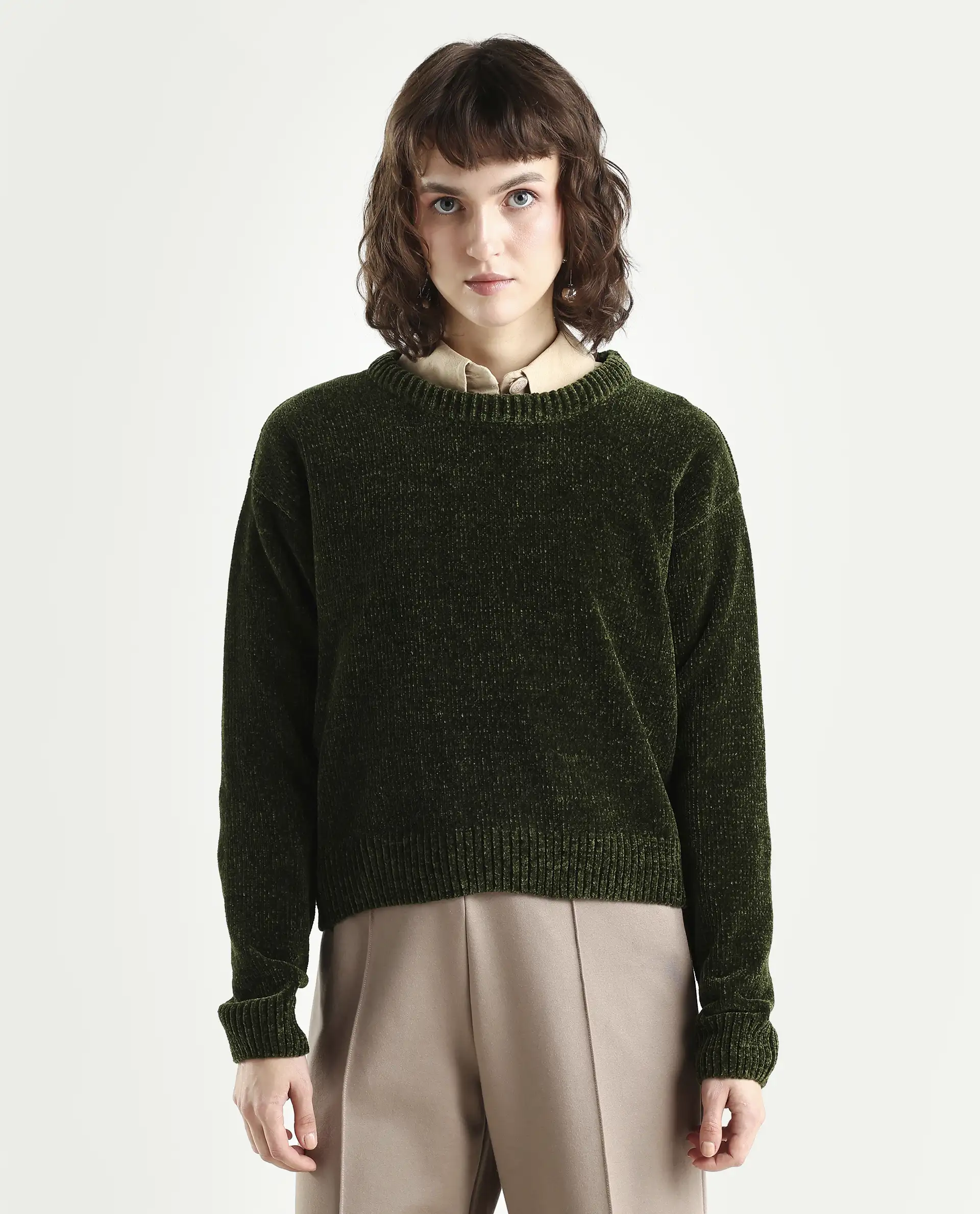 Rareism Women's Tosta Dark Olive Acrylic Crew Neck Relaxed Fit Plain Sweater - Image 3