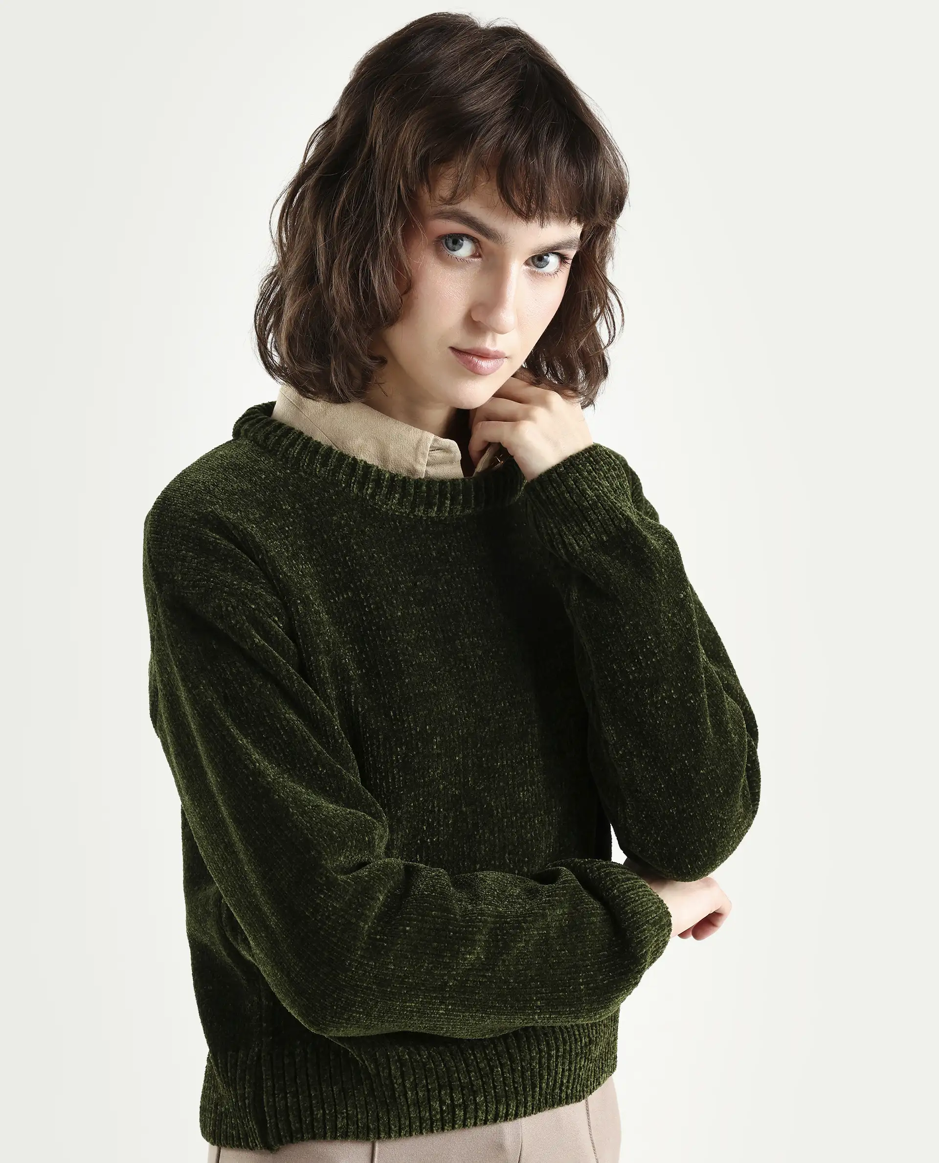Rareism Women's Tosta Dark Olive Acrylic Crew Neck Relaxed Fit Plain Sweater - Image 4