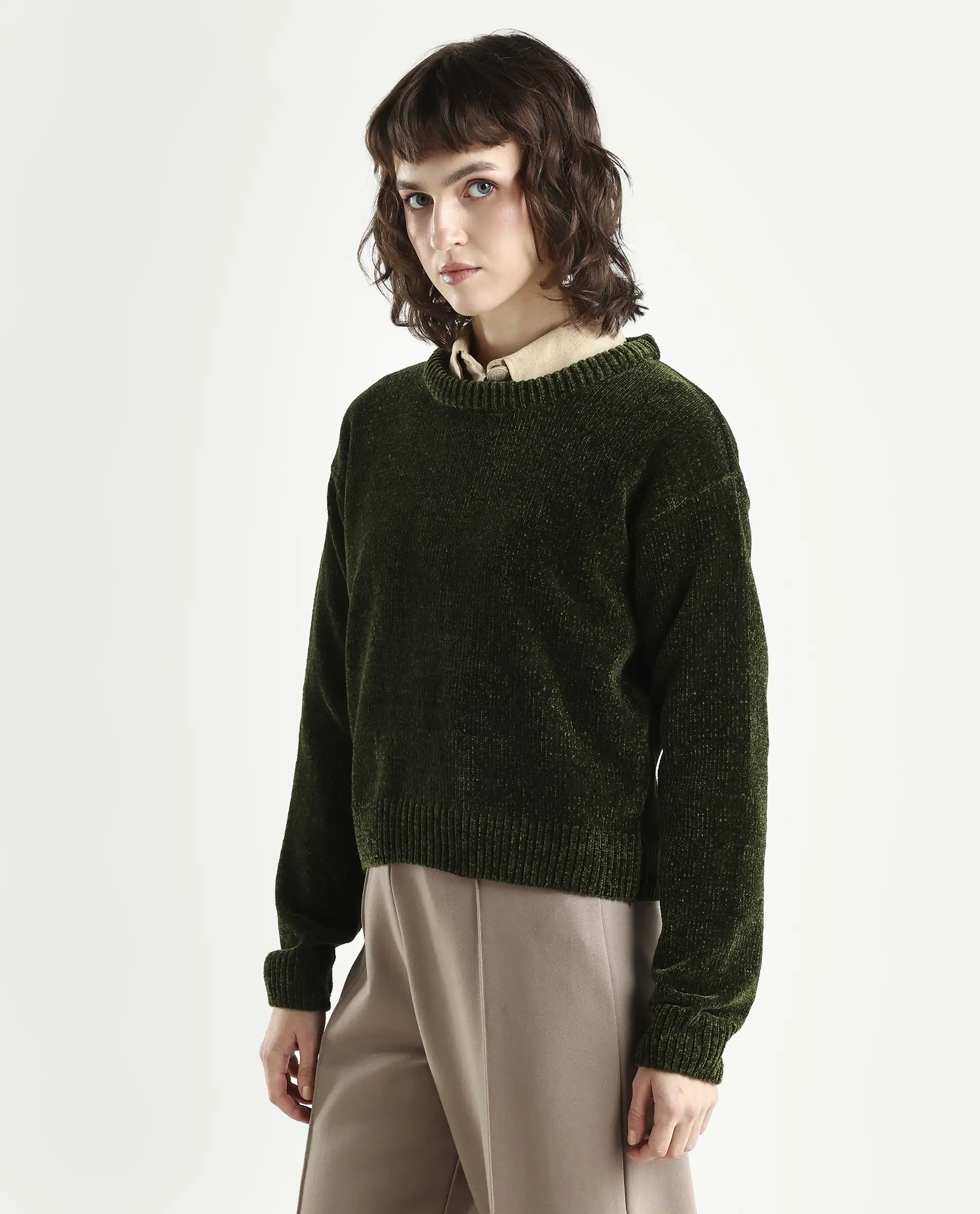 Rareism Women's Tosta Dark Olive Acrylic Crew Neck Relaxed Fit Plain Sweater - Image 5