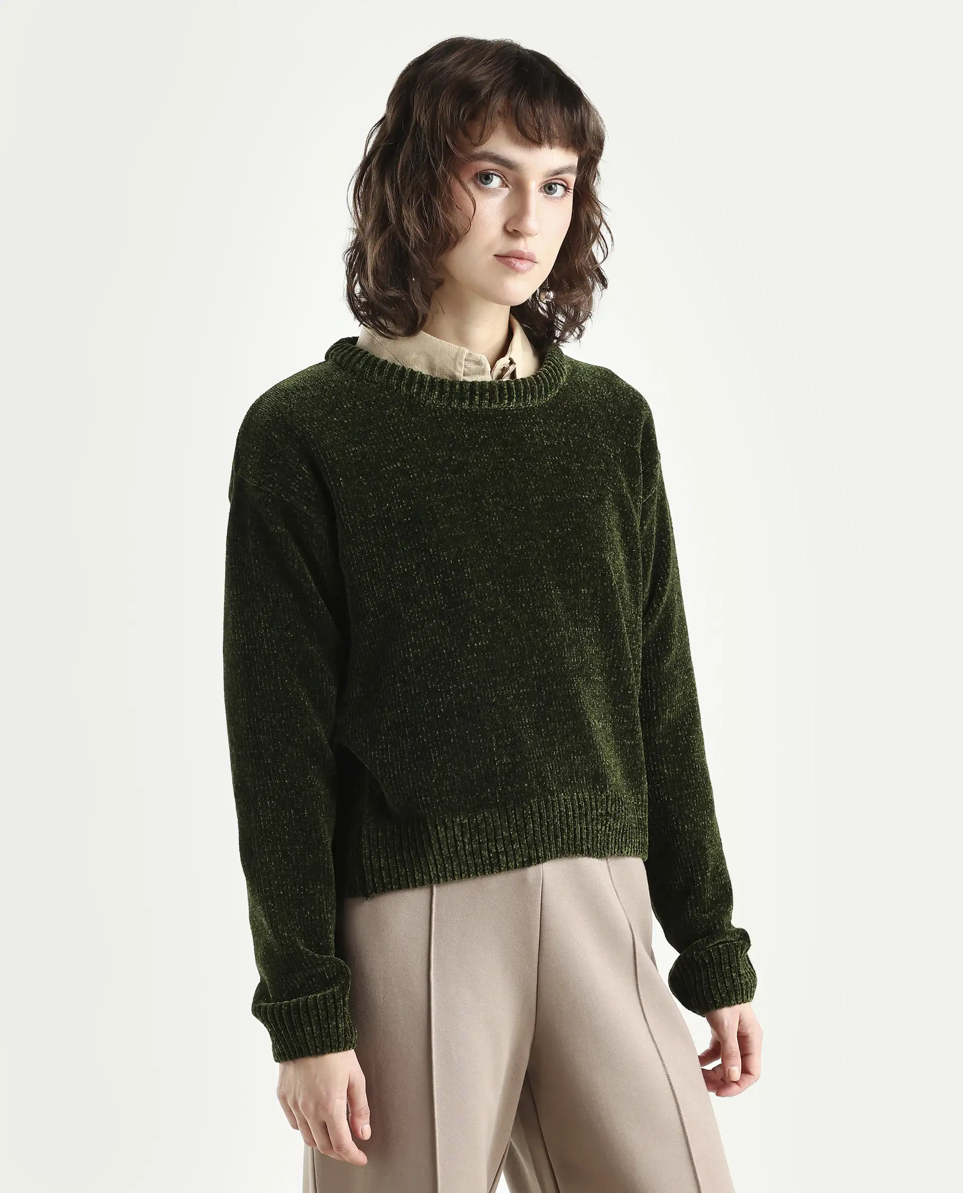 Rareism Women's Tosta Dark Olive Acrylic Crew Neck Relaxed Fit Plain Sweater - Image 6