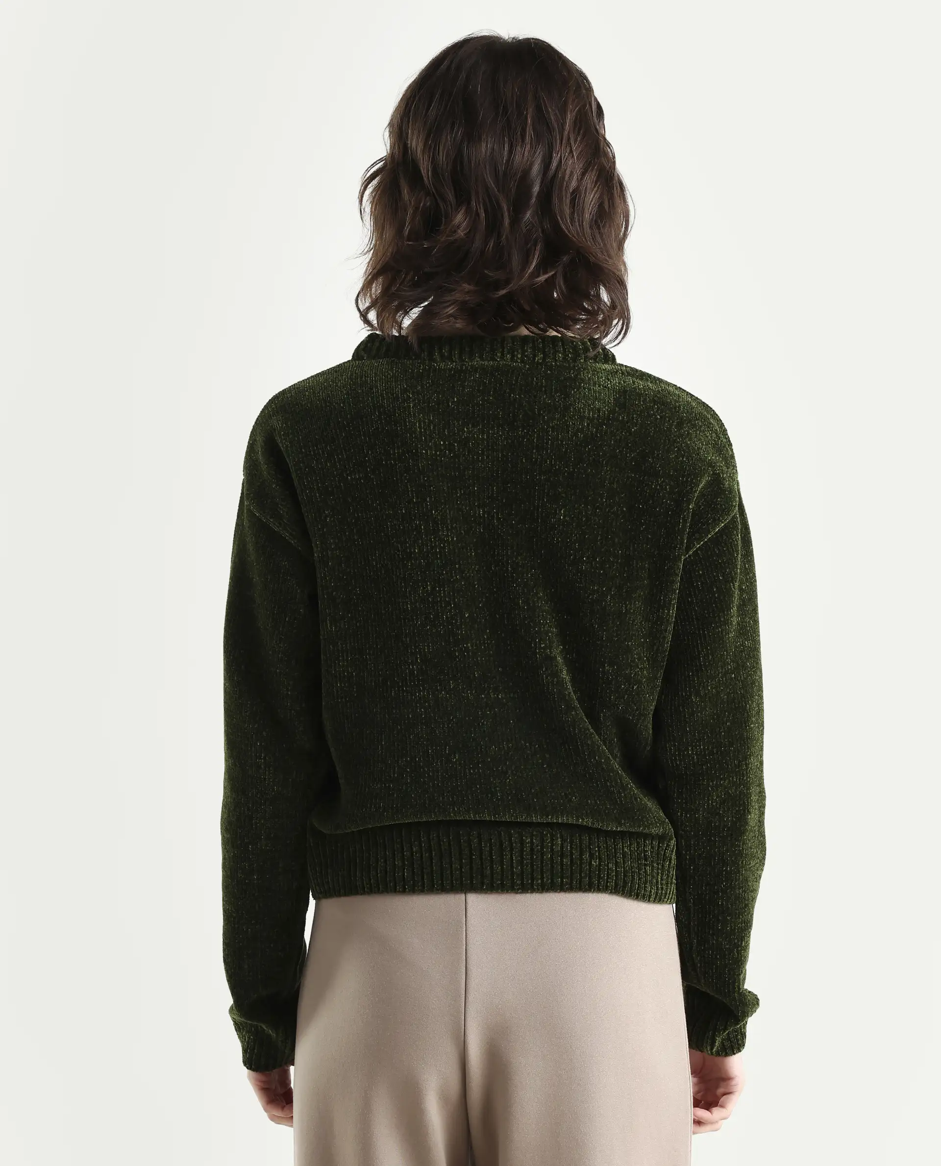 Rareism Women's Tosta Dark Olive Acrylic Crew Neck Relaxed Fit Plain Sweater - Image 7