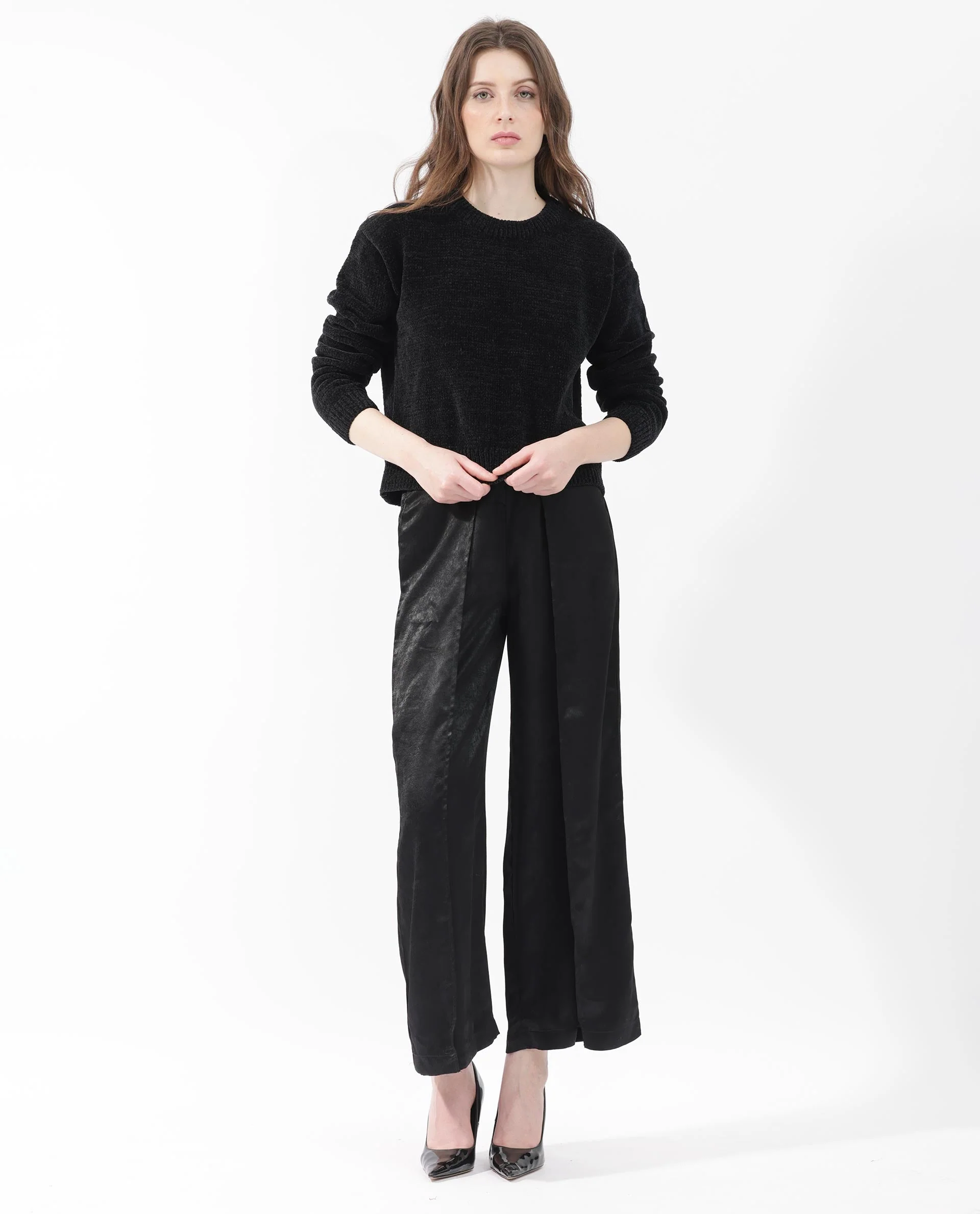 Rareism Women's Tosti Black Cotton Crew Neck Plain Regular Fit Sweater - Image 3