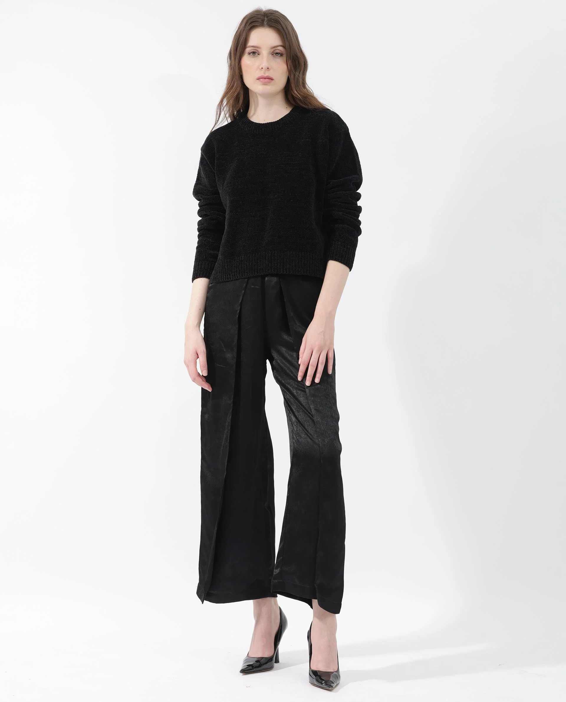 Rareism Women's Tosti Black Cotton Crew Neck Plain Regular Fit Sweater - Image 4