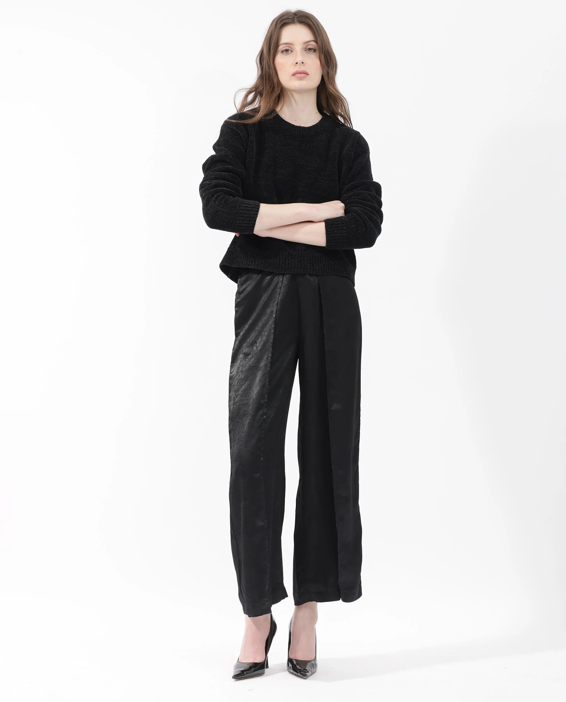Rareism Women's Tosti Black Cotton Crew Neck Plain Regular Fit Sweater - Image 5