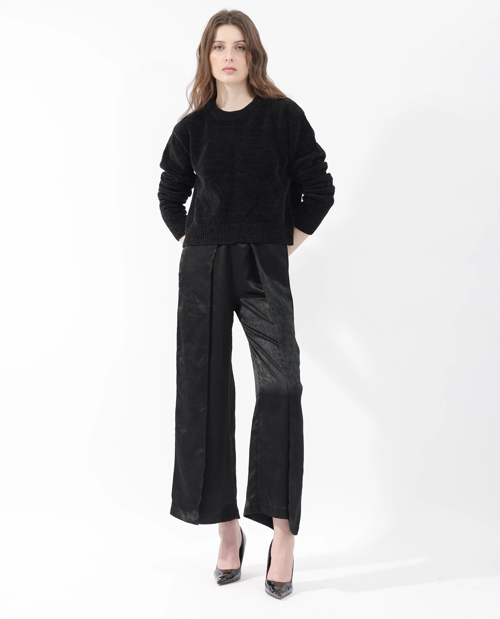 Rareism Women's Tosti Black Cotton Crew Neck Plain Regular Fit Sweater - Image 6