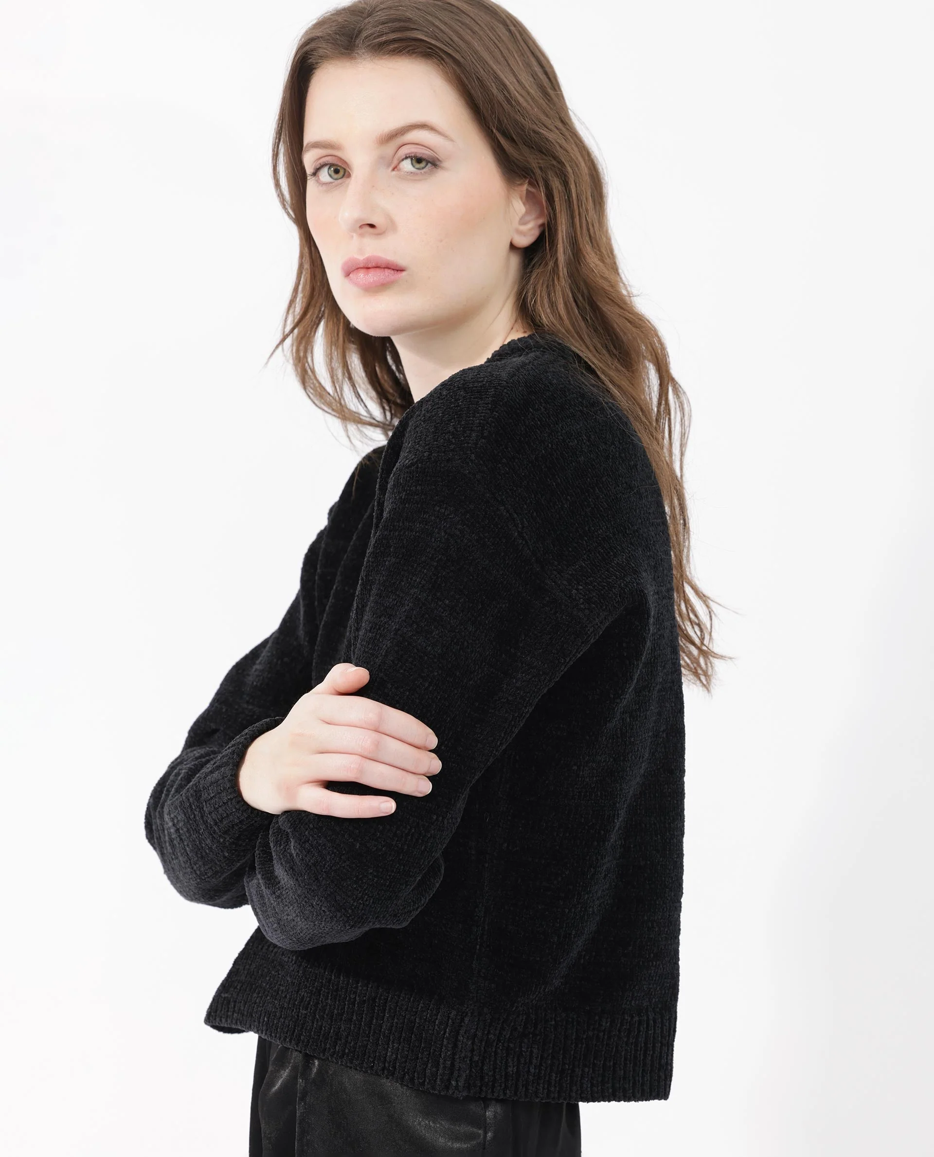 Rareism Women's Tosti Black Cotton Crew Neck Plain Regular Fit Sweater - Image 7