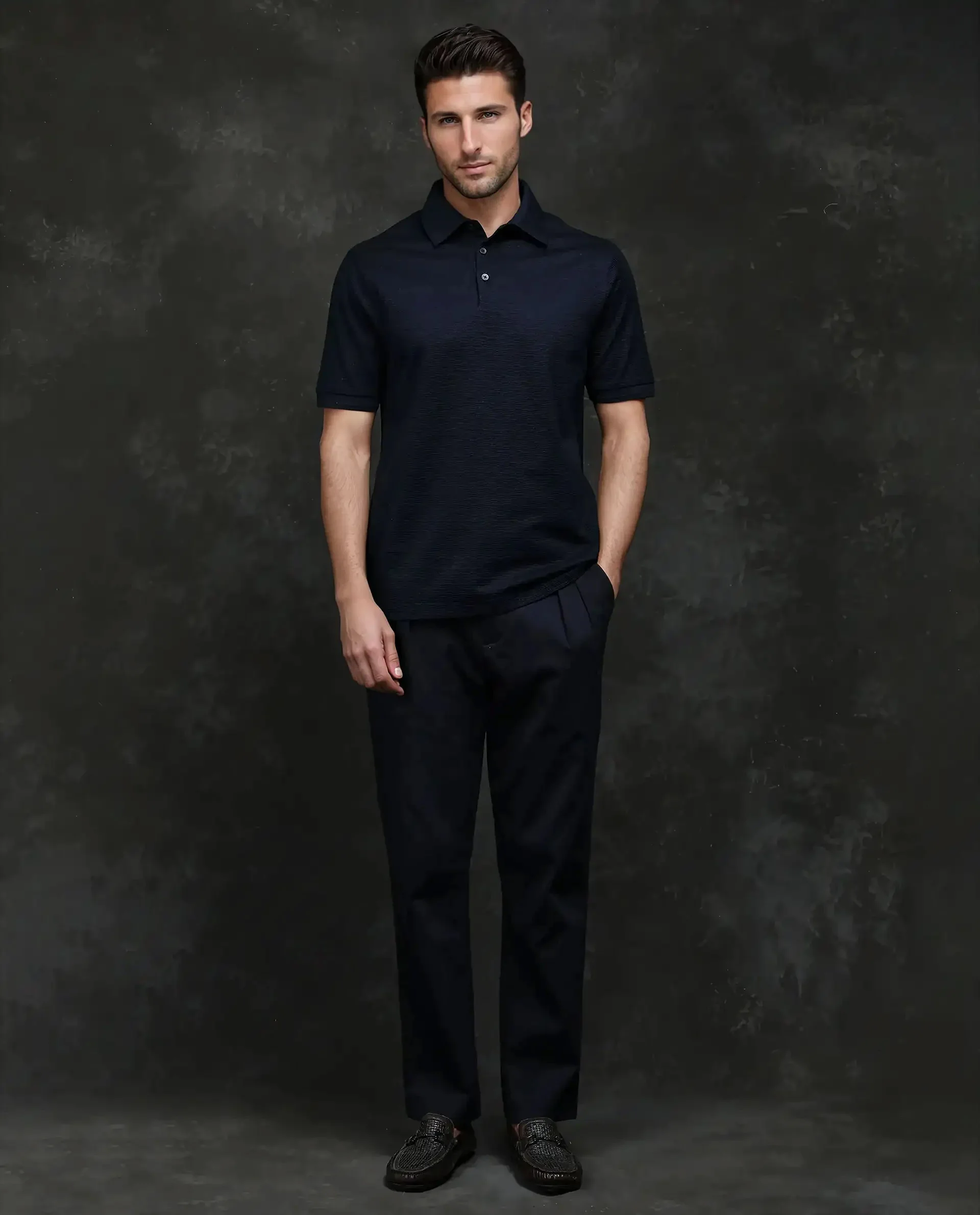 Rare Rabbit Men's Tosy Navy Cotton Plain Regular Fit Half Sleeve Polo - Image 2