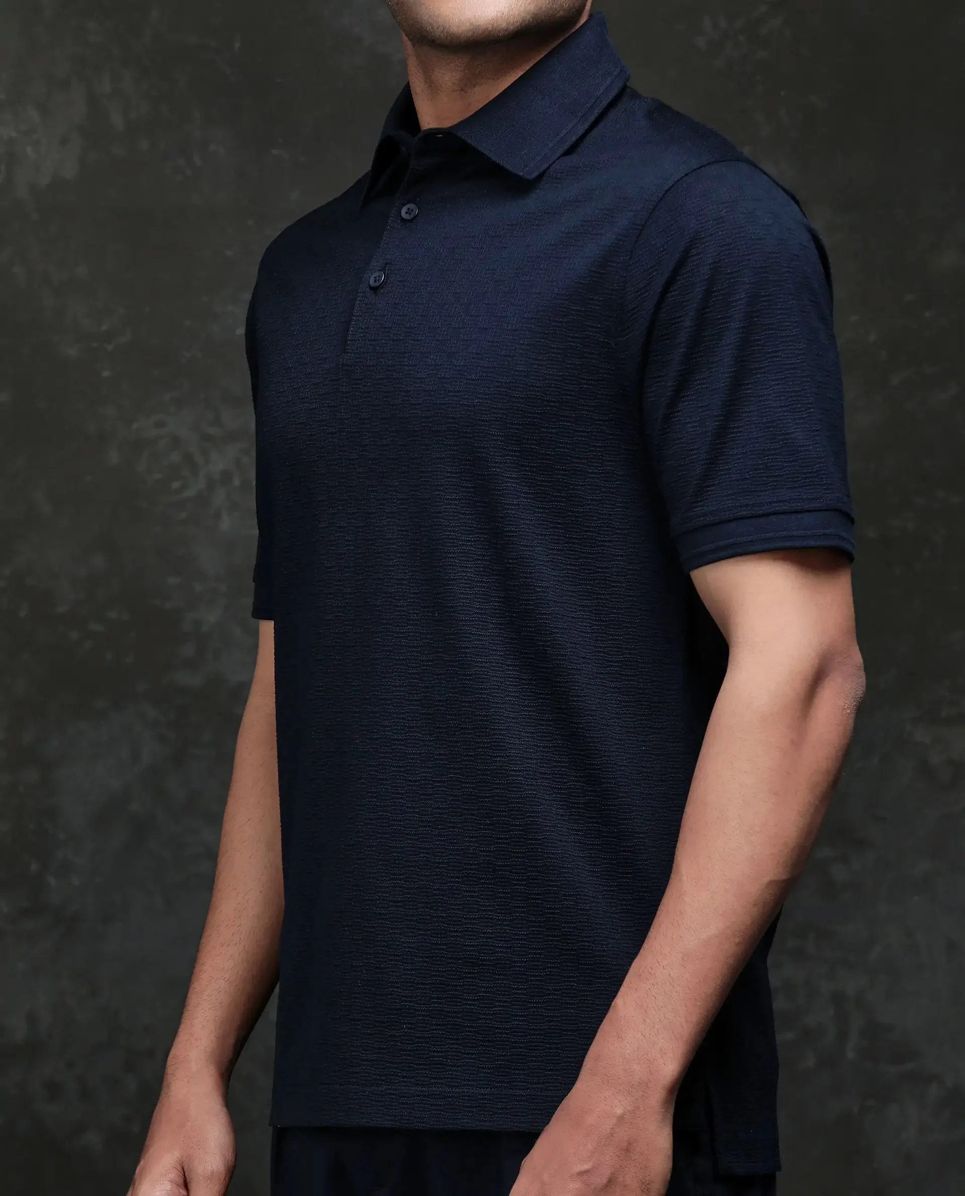 Rare Rabbit Men's Tosy Navy Cotton Plain Regular Fit Half Sleeve Polo - Image 3