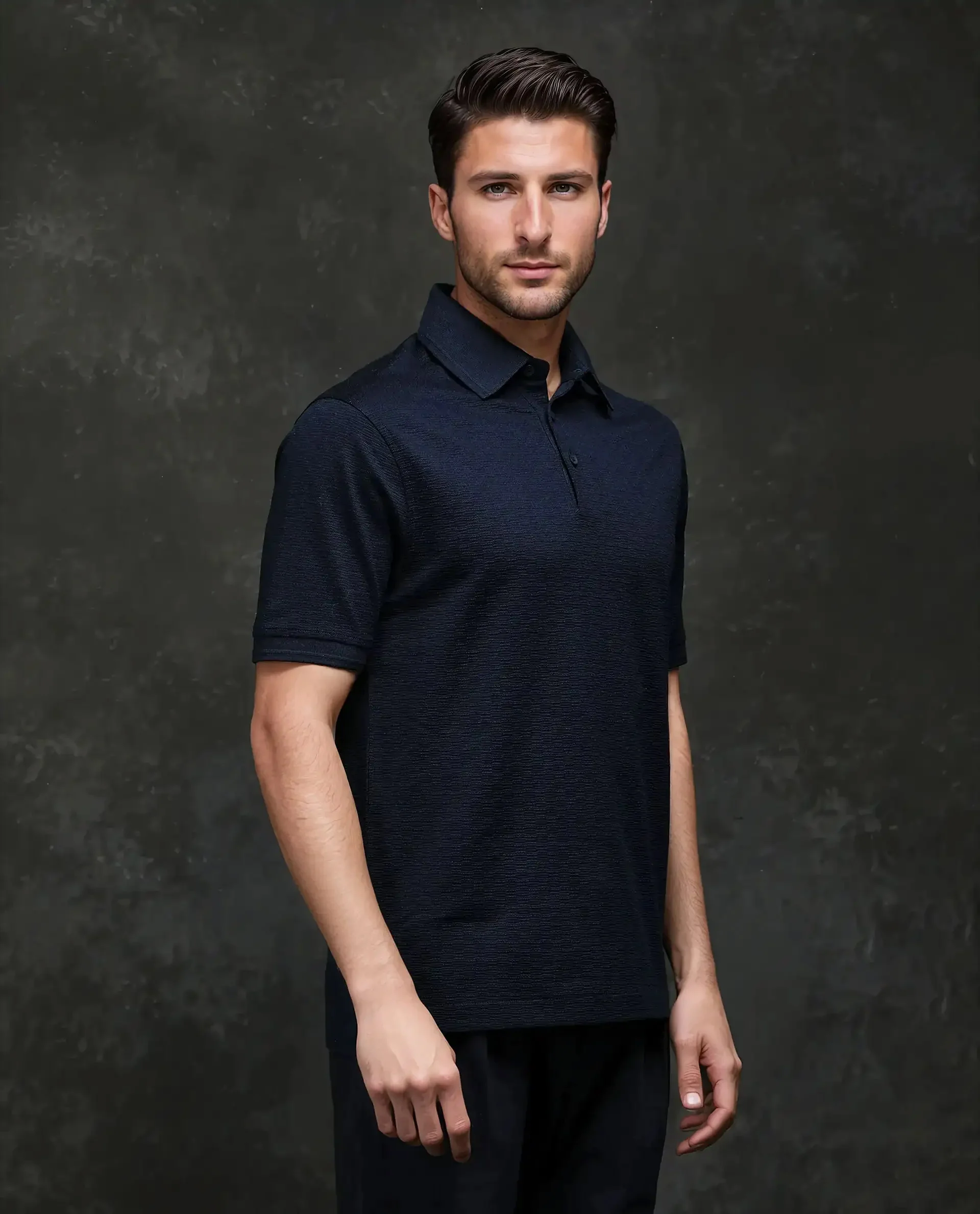 Rare Rabbit Men's Tosy Navy Cotton Plain Regular Fit Half Sleeve Polo - Image 4