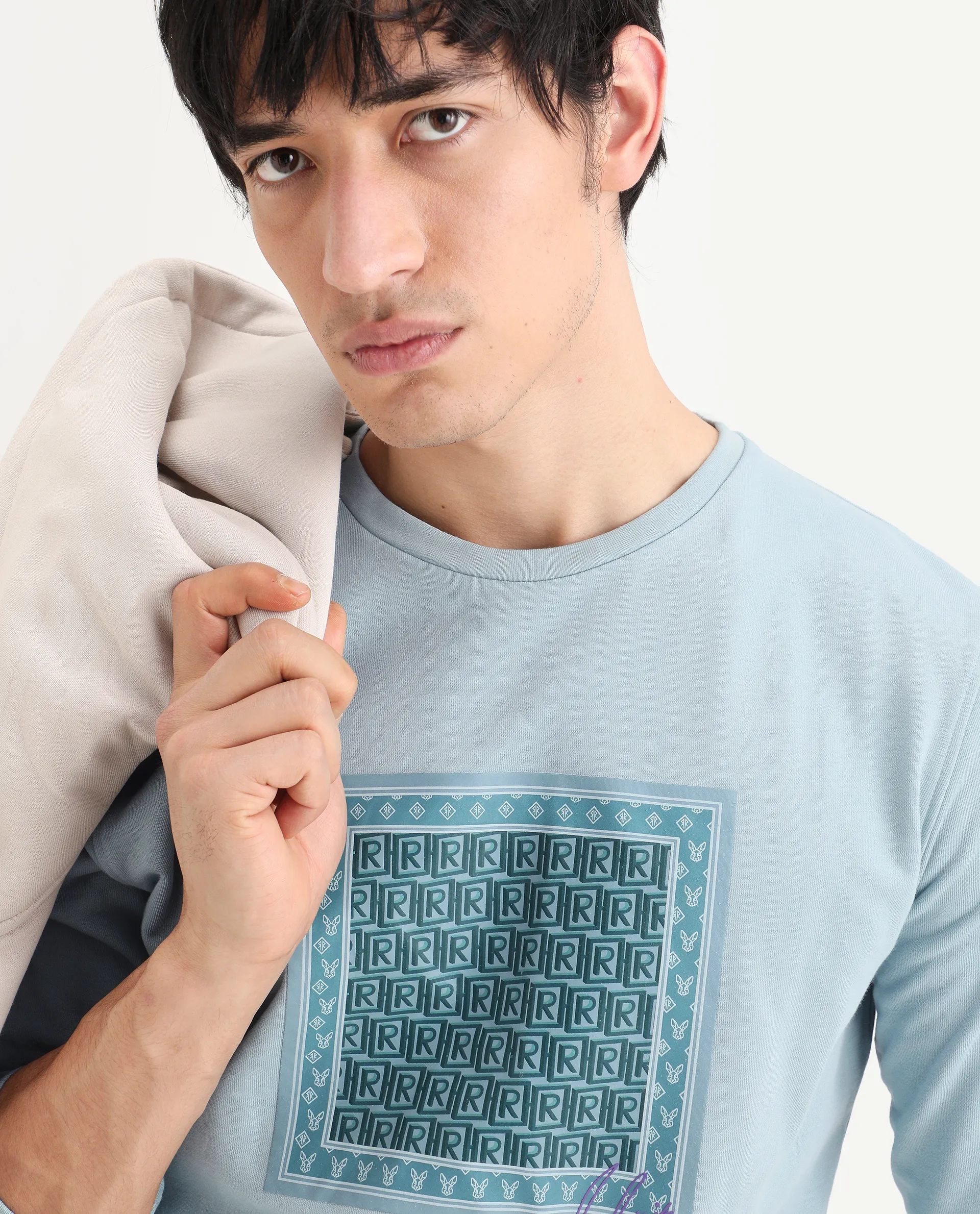 Rare Rabbit Men's Totem Light Turq Cotton Graphic Print Regular Fit Full Sleeve Crew Neck Sweatshirt