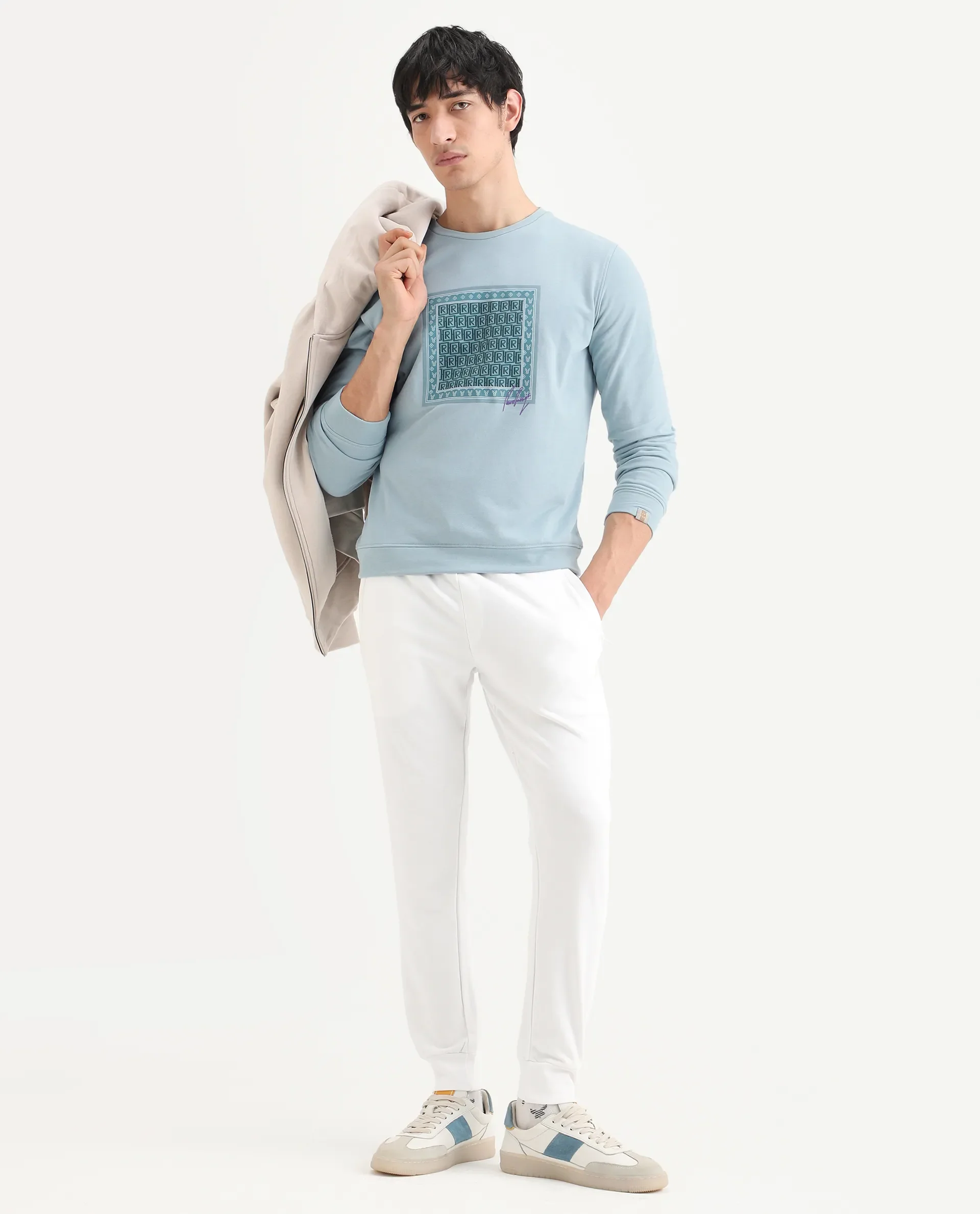 Rare Rabbit Men's Totem Light Turq Cotton Graphic Print Regular Fit Full Sleeve Crew Neck Sweatshirt - Image 2
