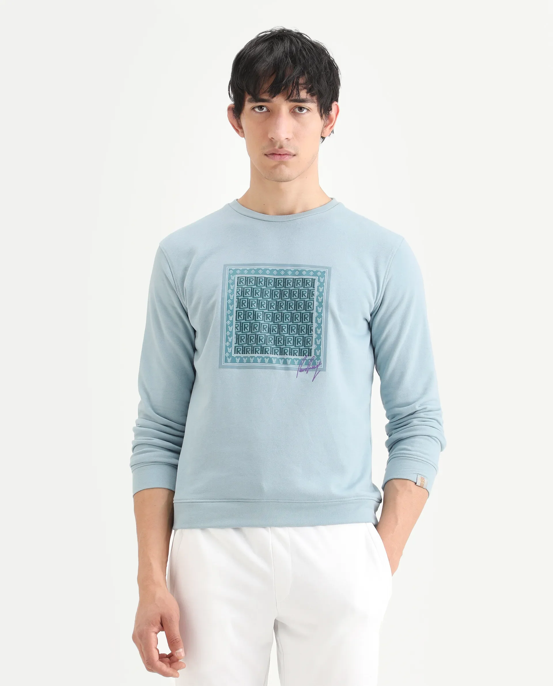 Rare Rabbit Men's Totem Light Turq Cotton Graphic Print Regular Fit Full Sleeve Crew Neck Sweatshirt - Image 3