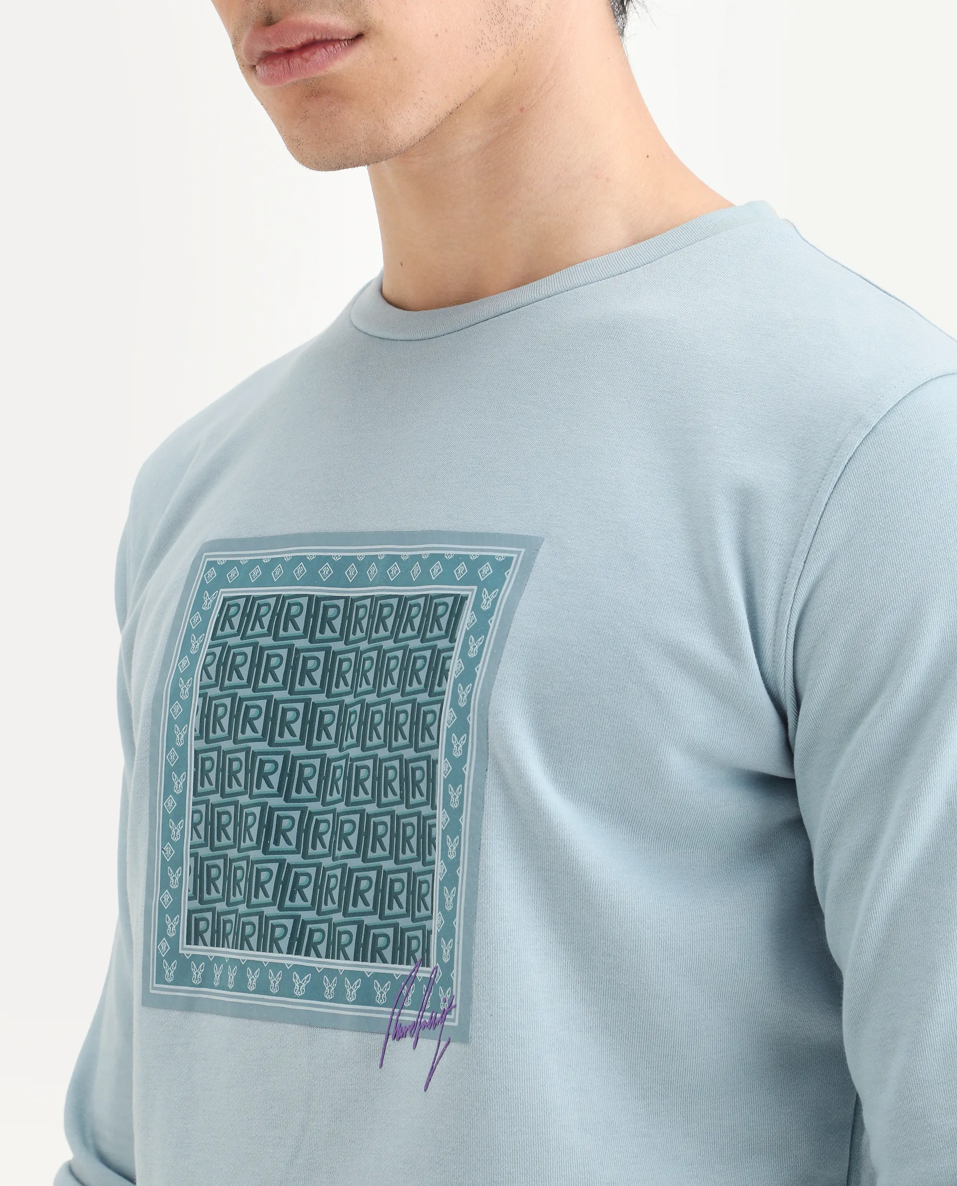 Rare Rabbit Men's Totem Light Turq Cotton Graphic Print Regular Fit Full Sleeve Crew Neck Sweatshirt - Image 4