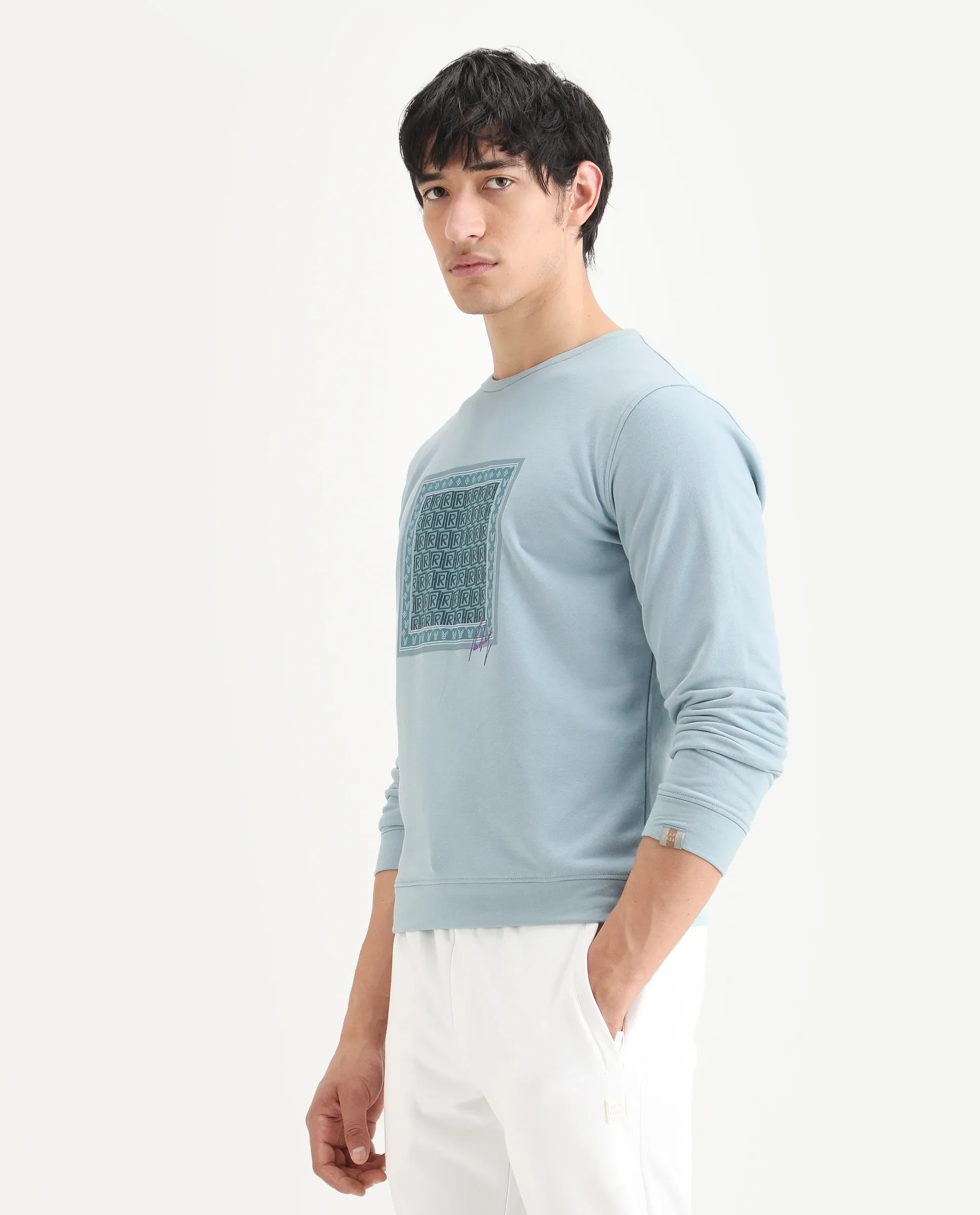 Rare Rabbit Men's Totem Light Turq Cotton Graphic Print Regular Fit Full Sleeve Crew Neck Sweatshirt - Image 5