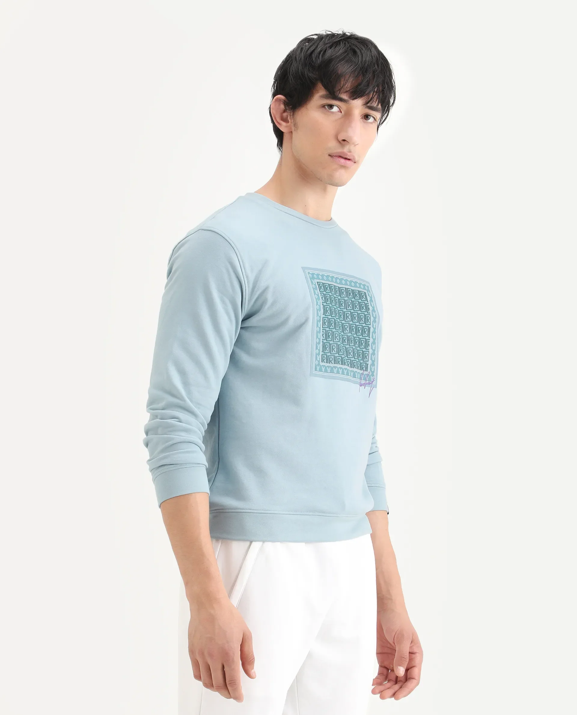 Rare Rabbit Men's Totem Light Turq Cotton Graphic Print Regular Fit Full Sleeve Crew Neck Sweatshirt - Image 6