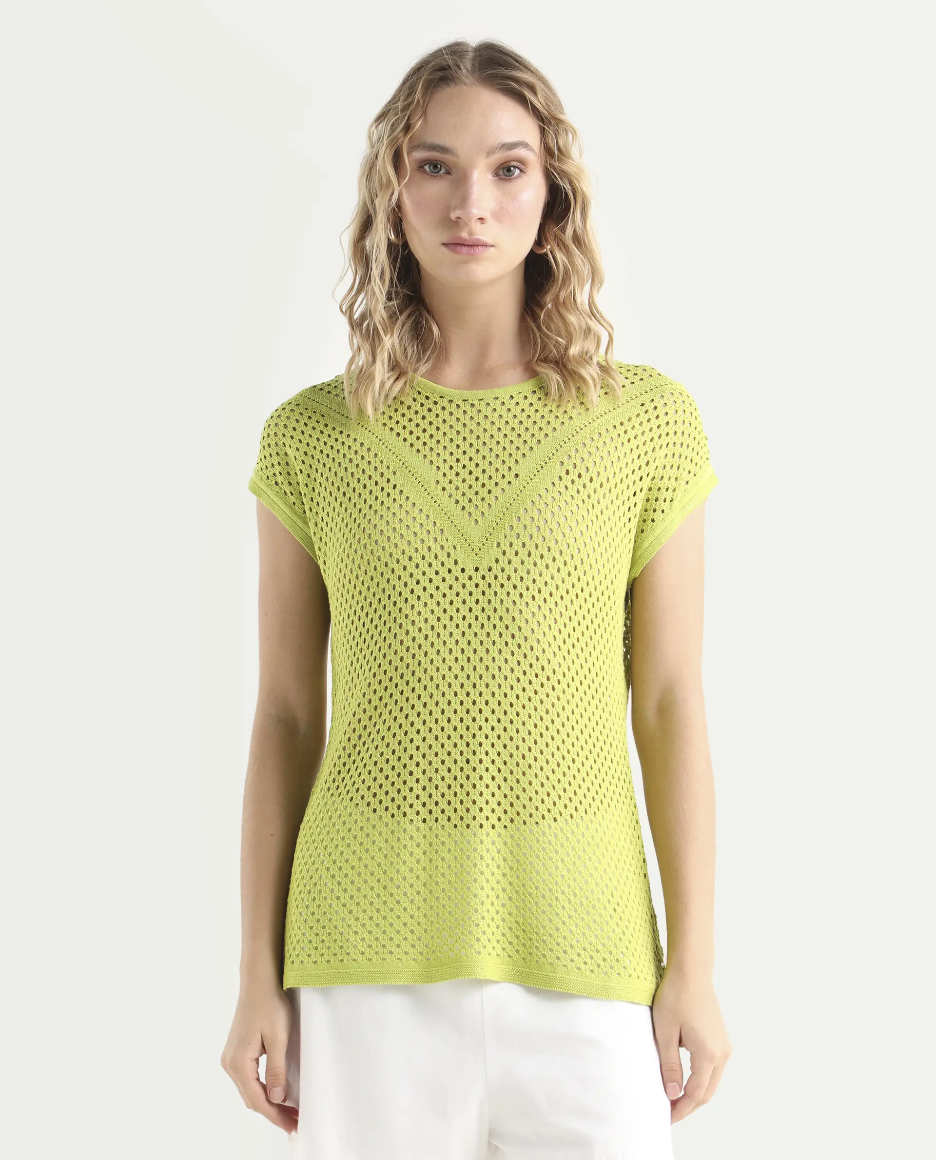 Rareism Women's Totoro Flouroscent Green Cotton Crew Neck Plain Extended Sleeves Relaxed Fit Top - Image 3