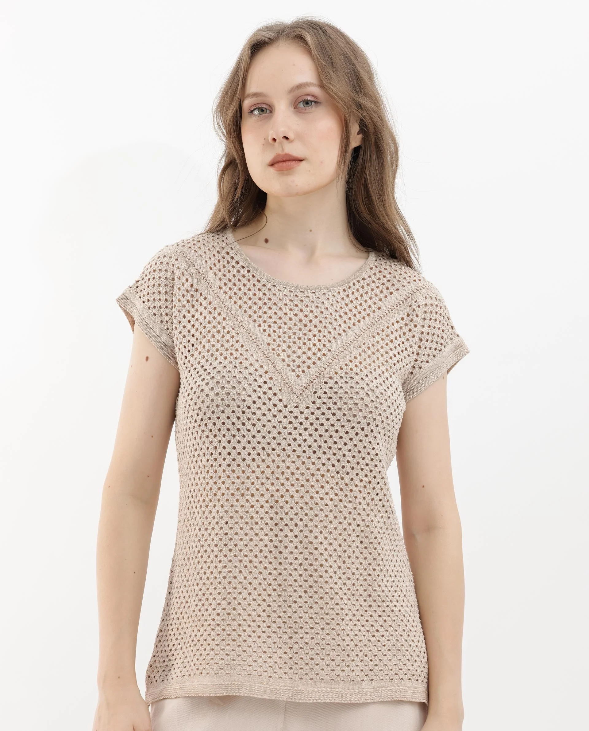 Rareism Women's Totoro Gold Cotton Crew Neck Plain Extended Sleeves Regular Fit Top - Image 5