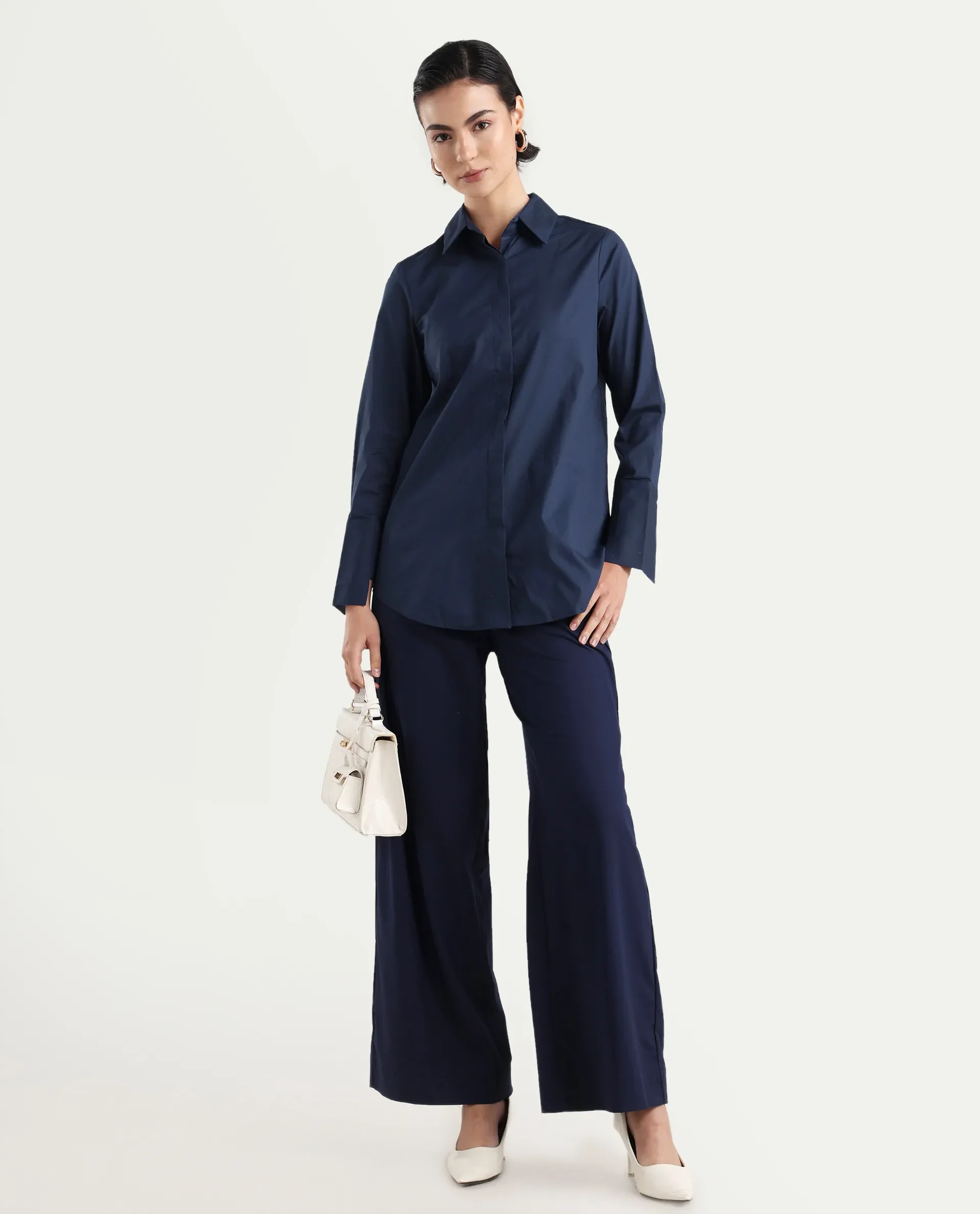 Rareism Women's Tottori Dark Blue Drop Collar Plain Cuffed Sleeve Relaxed Fit Shirt - Image 2