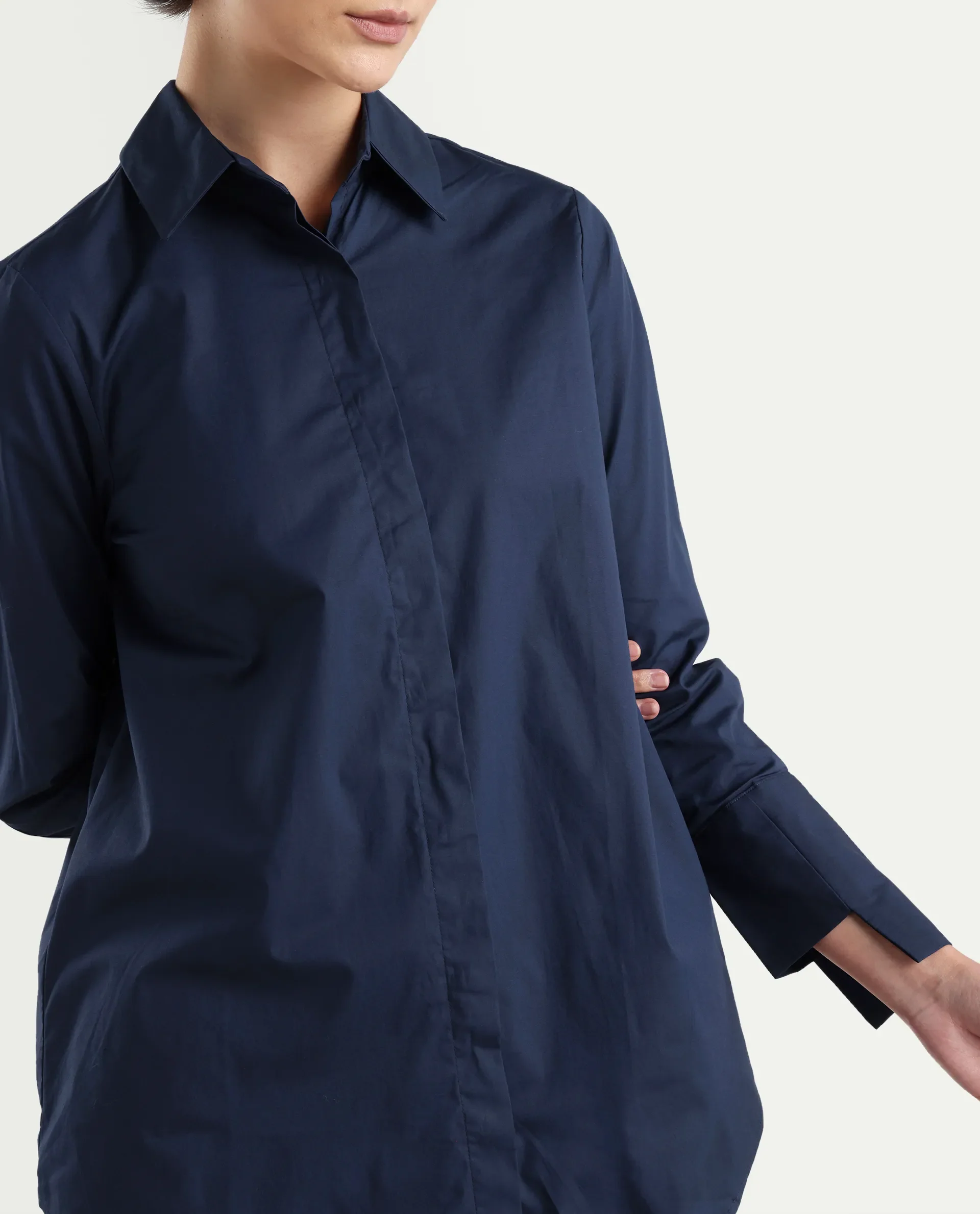 Rareism Women's Tottori Dark Blue Drop Collar Plain Cuffed Sleeve Relaxed Fit Shirt - Image 3