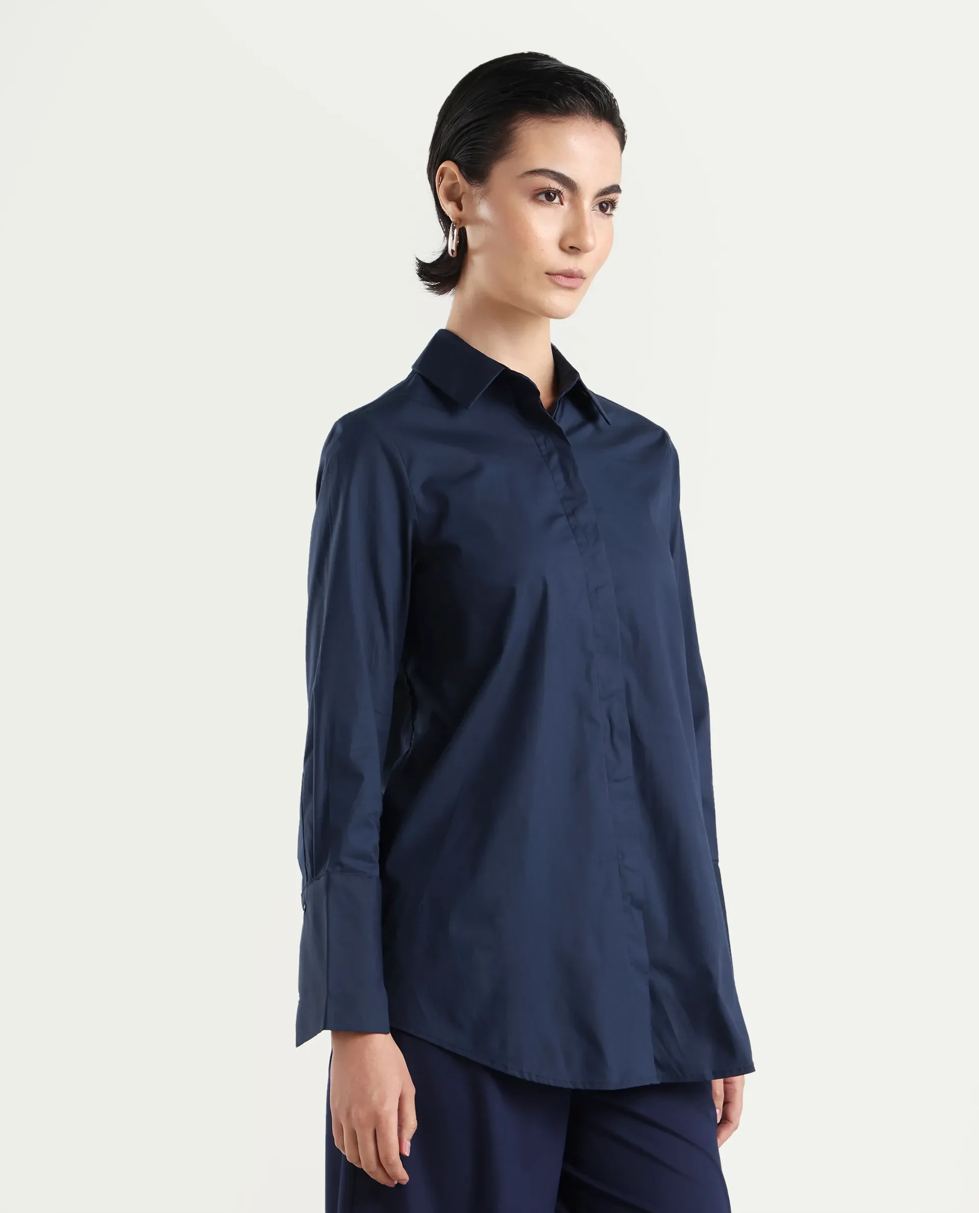 Rareism Women's Tottori Dark Blue Drop Collar Plain Cuffed Sleeve Relaxed Fit Shirt - Image 4