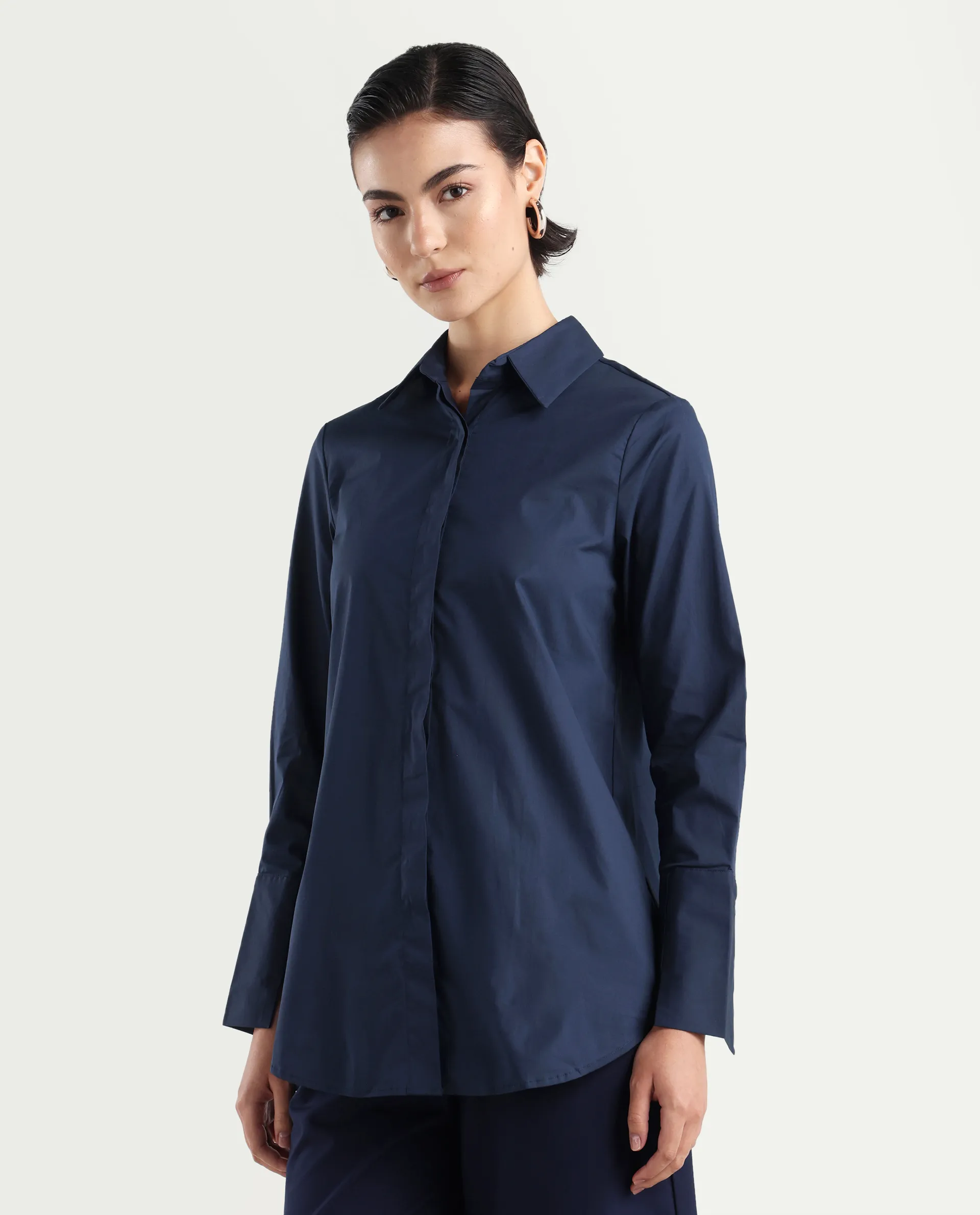 Rareism Women's Tottori Dark Blue Drop Collar Plain Cuffed Sleeve Relaxed Fit Shirt - Image 5