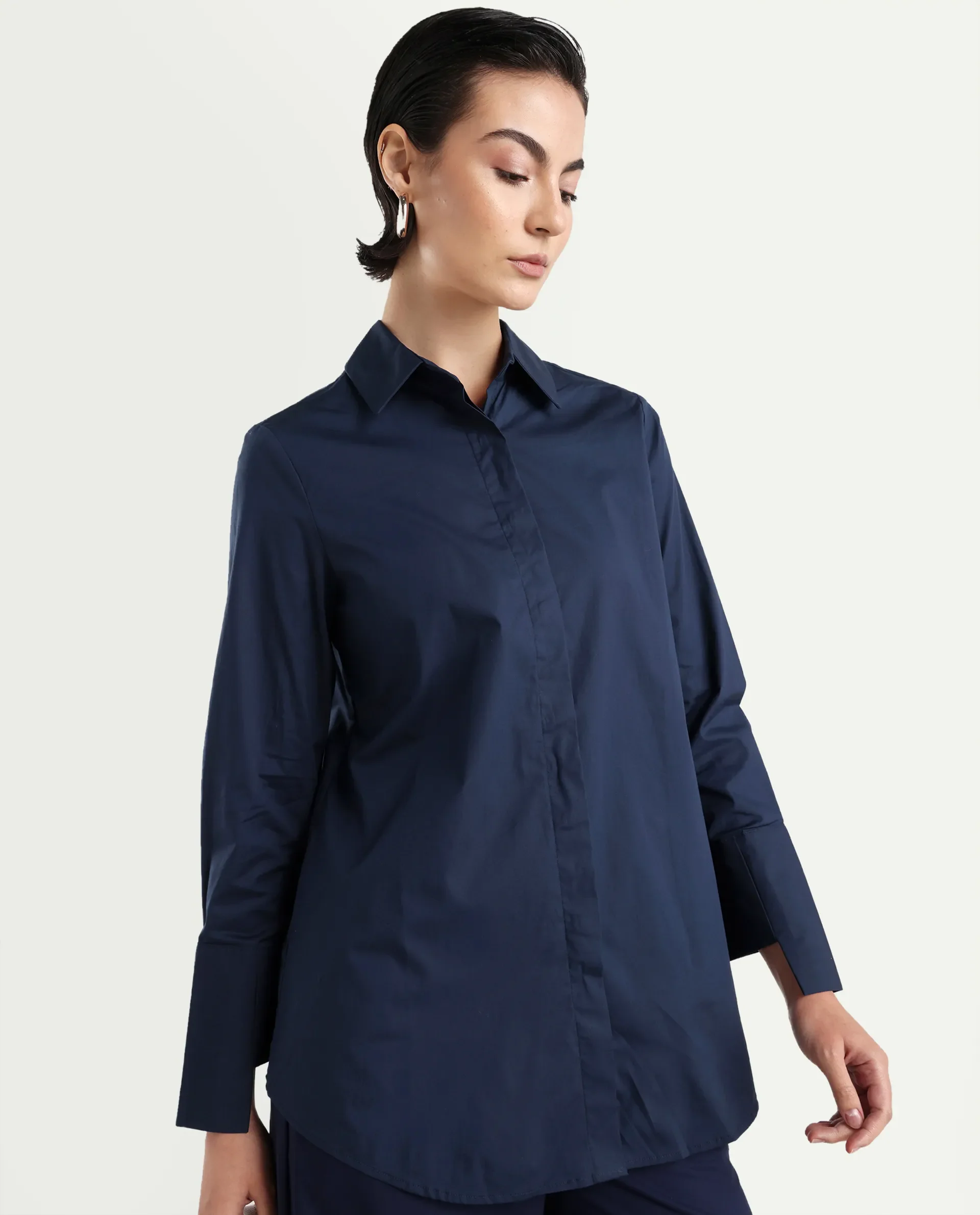 Rareism Women's Tottori Dark Blue Drop Collar Plain Cuffed Sleeve Relaxed Fit Shirt - Image 6