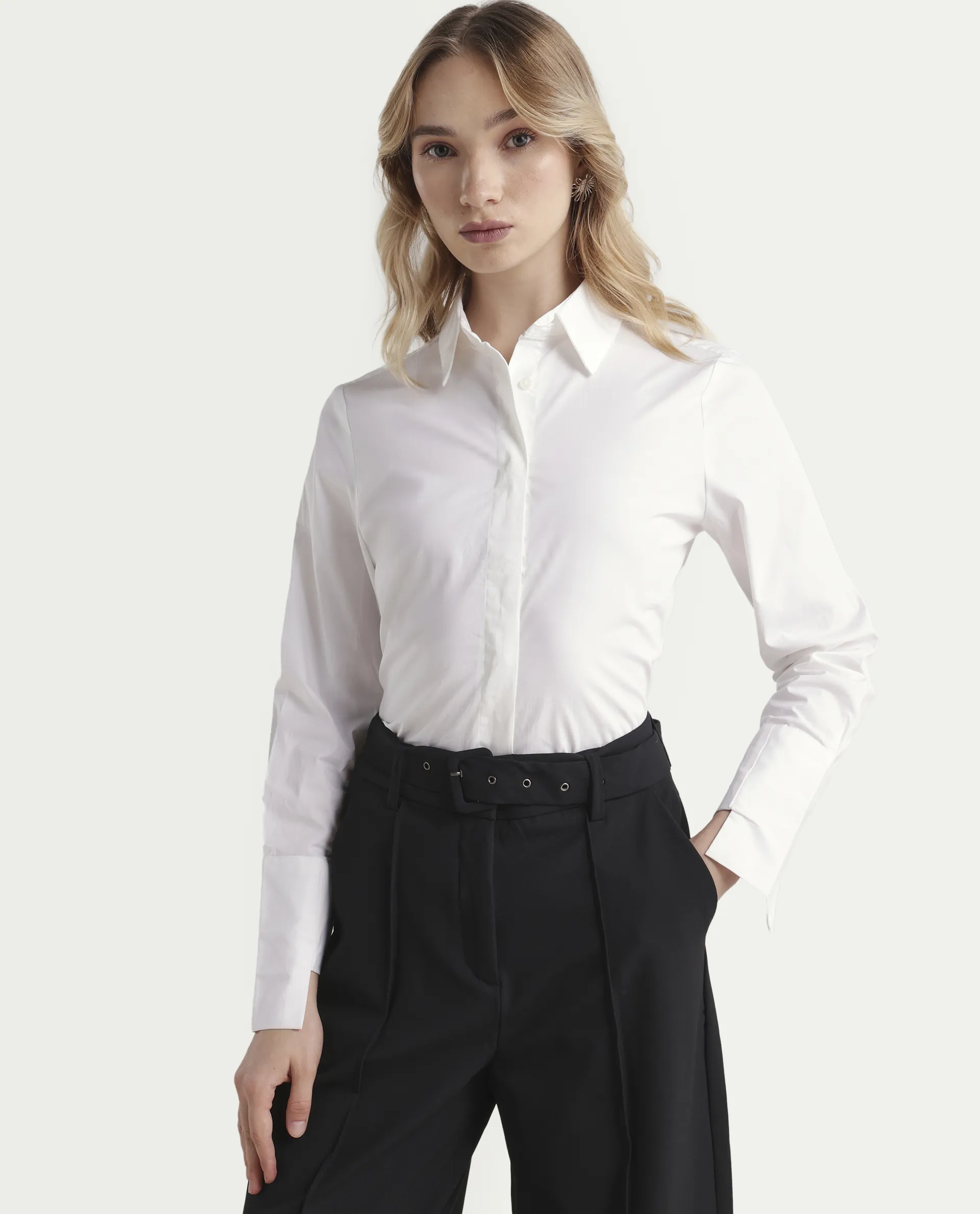 Rareism Women's Tottori White Drop Collar Plain Cuffed Sleeve Relaxed Fit Shirt
