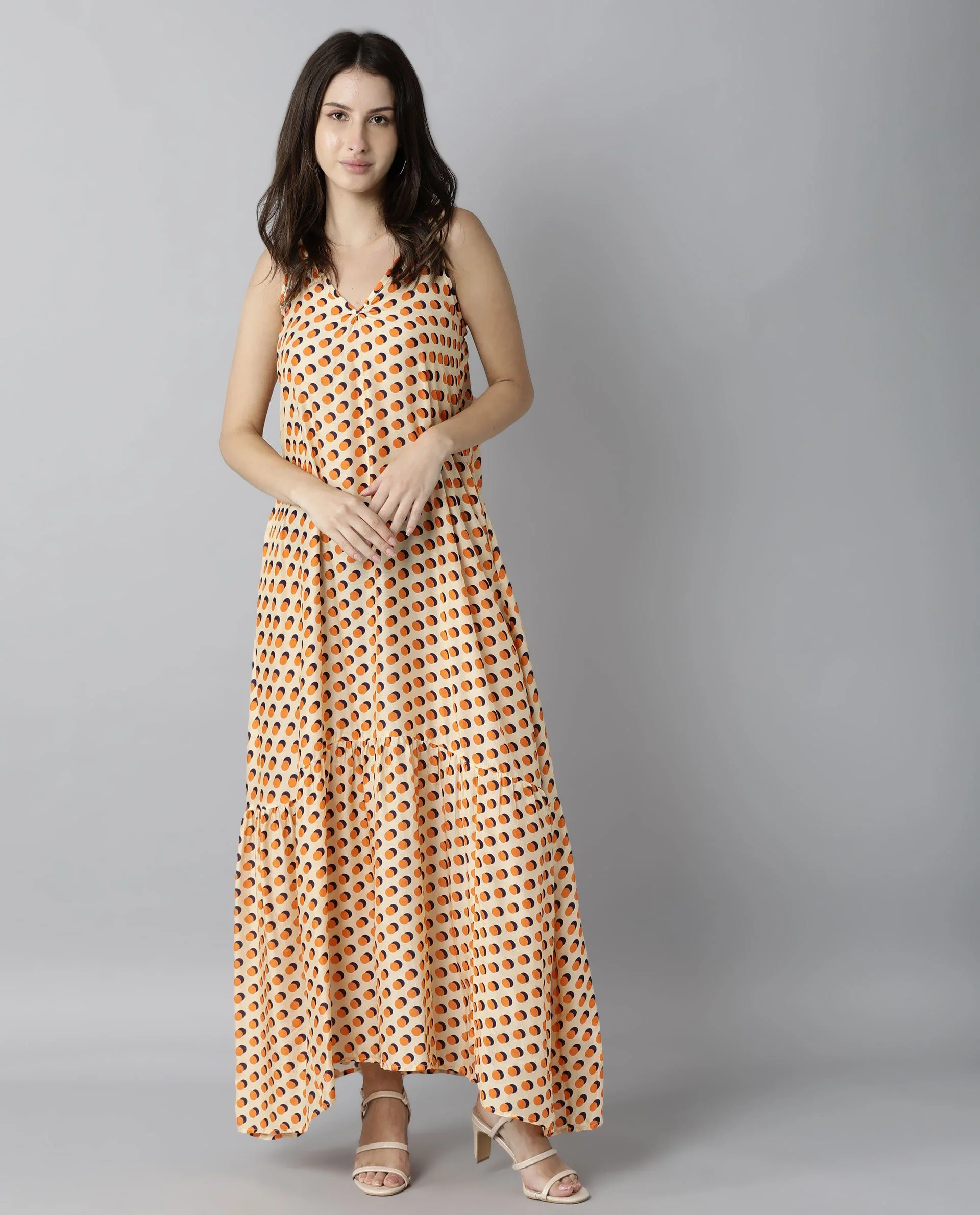 Rareism Women Tou Orange Dress Sleeveless Printed - Image 2
