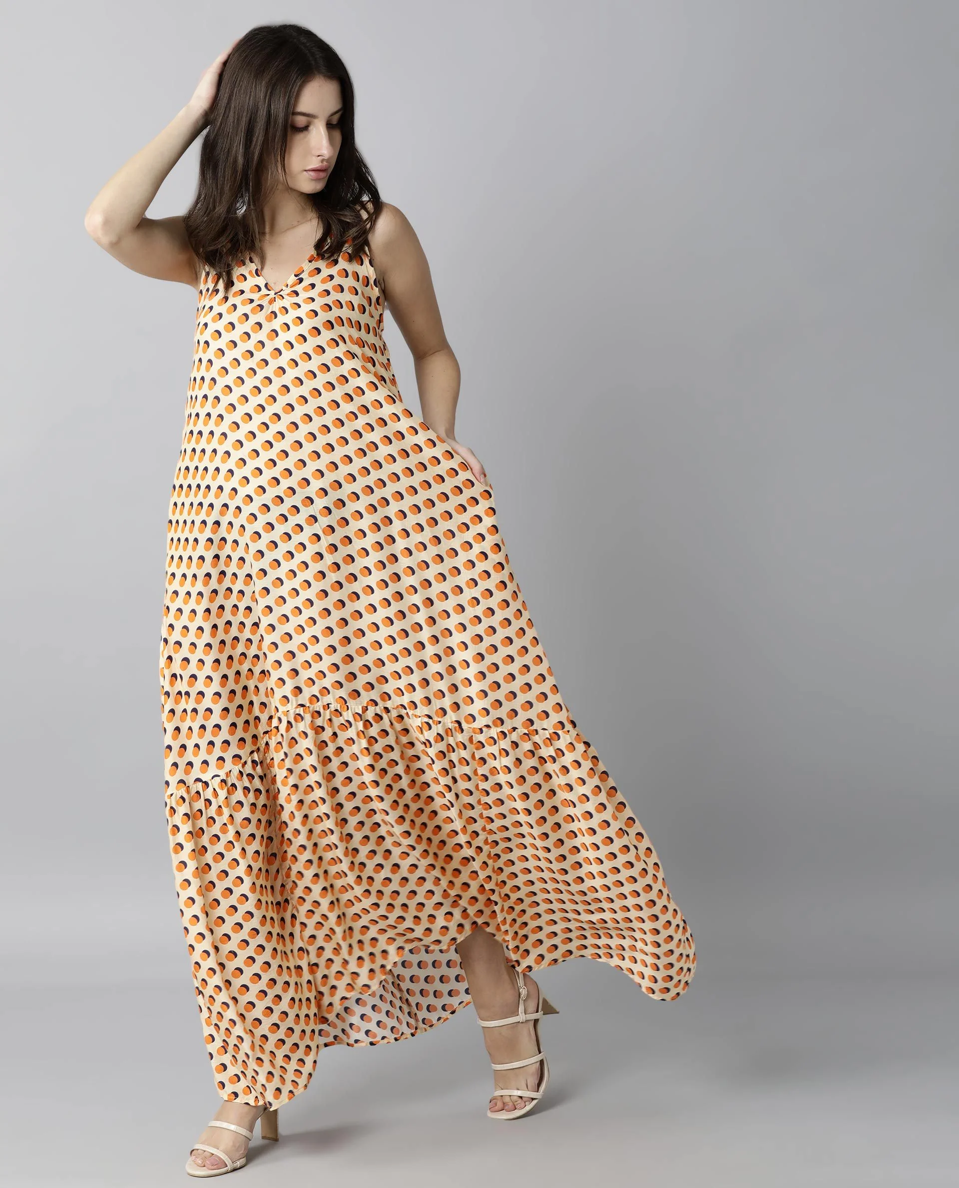 Rareism Women Tou Orange Dress Sleeveless Printed - Image 5