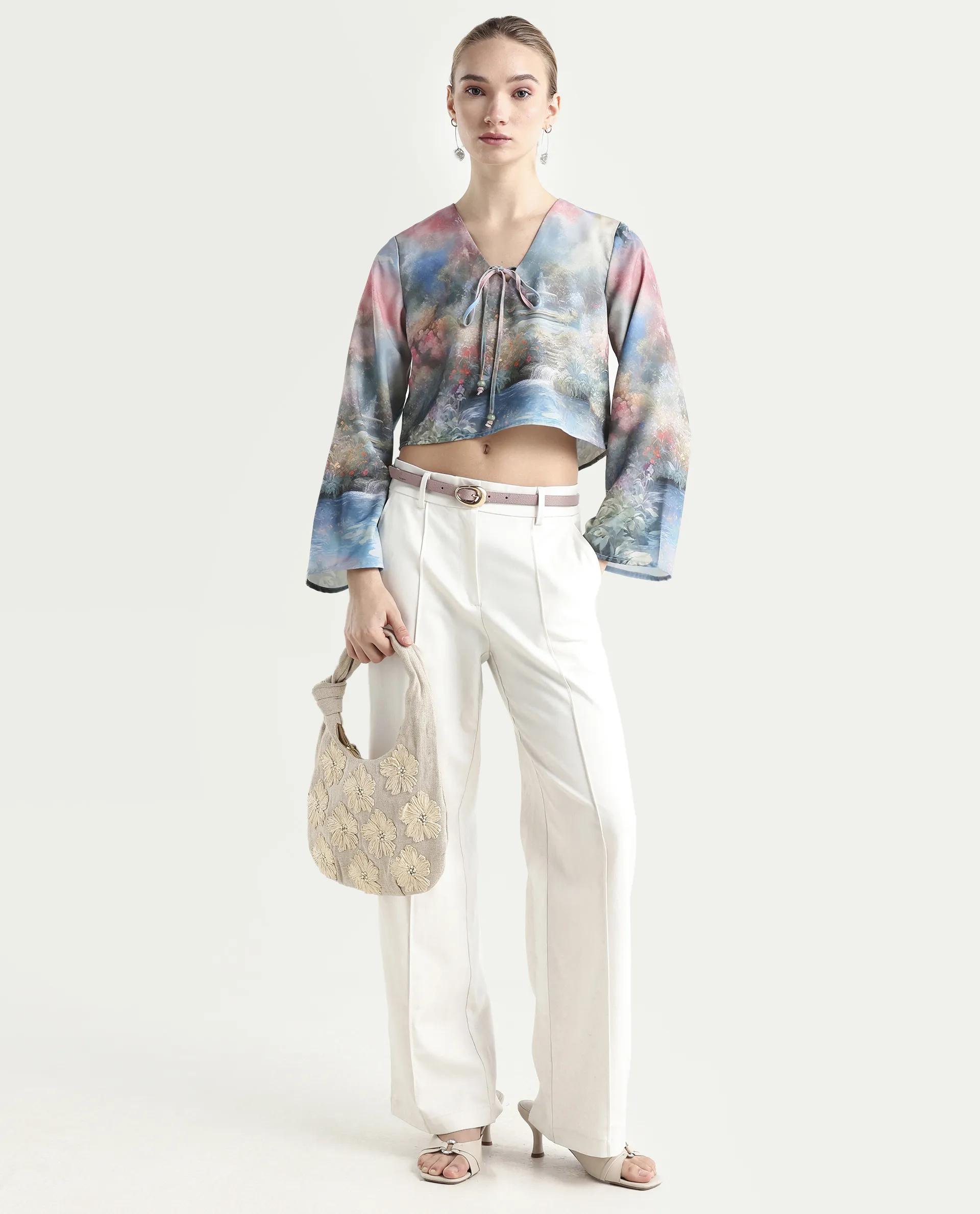 Rareism Women's Toulon Multi Satin V-Neck Abstract Print Bell Sleeve Crop Regular Fit Top - Image 2