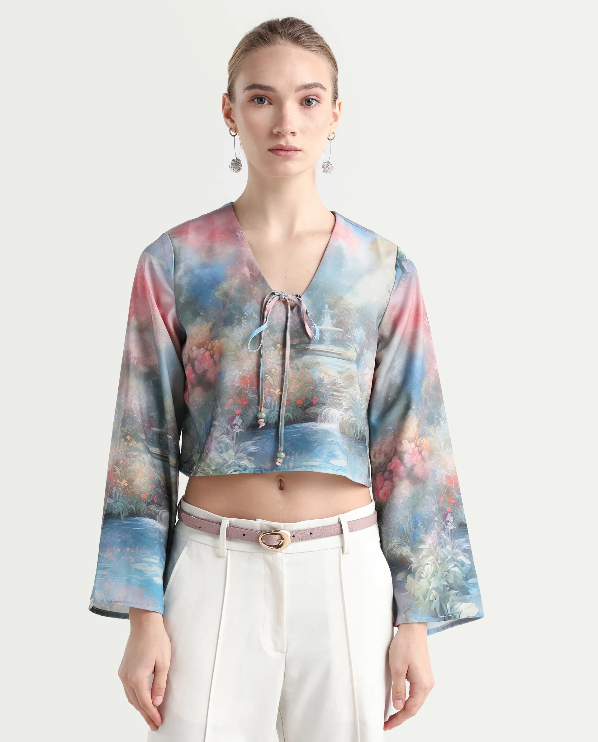 Rareism Women's Toulon Multi Satin V-Neck Abstract Print Bell Sleeve Crop Regular Fit Top - Image 3