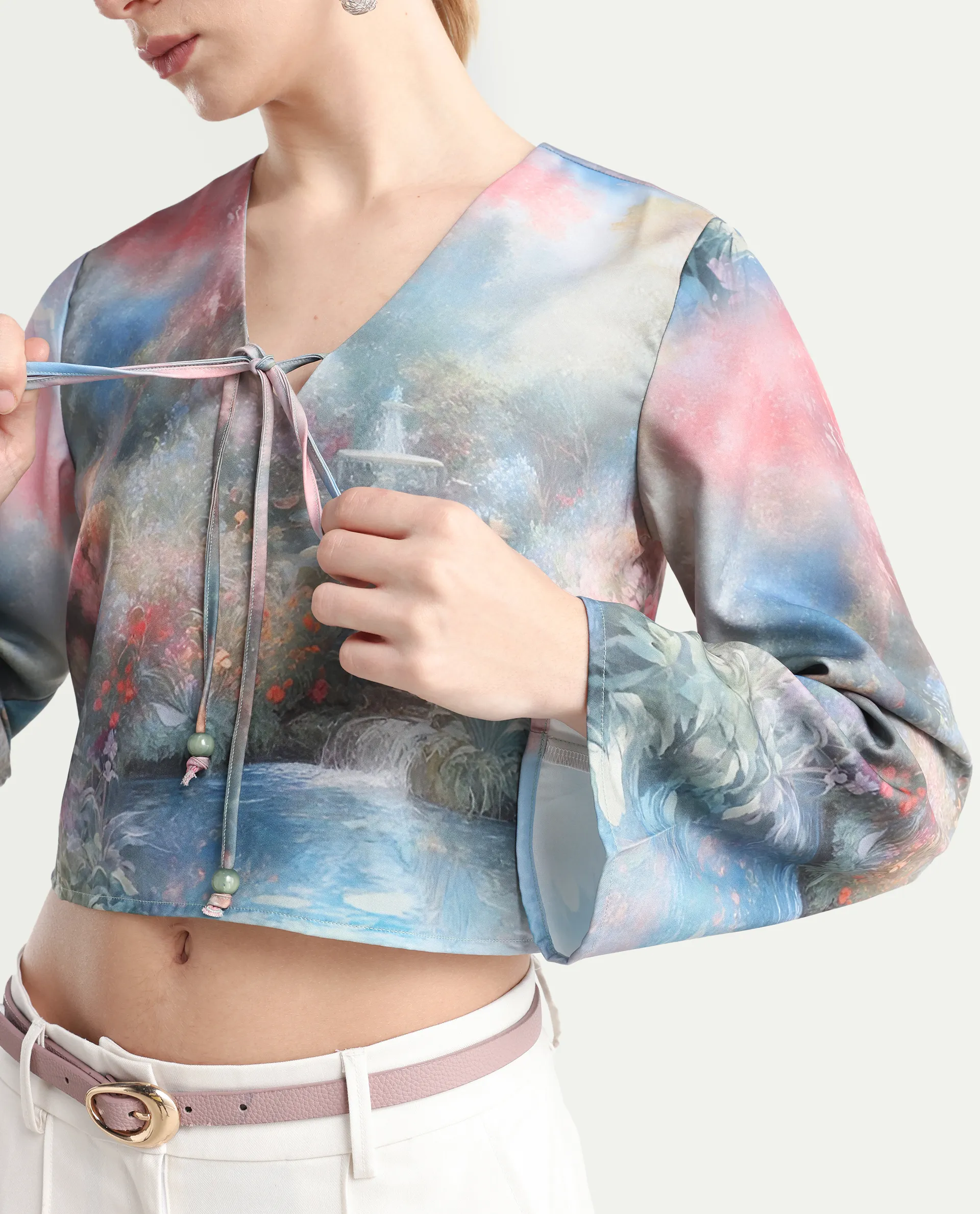 Rareism Women's Toulon Multi Satin V-Neck Abstract Print Bell Sleeve Crop Regular Fit Top - Image 4