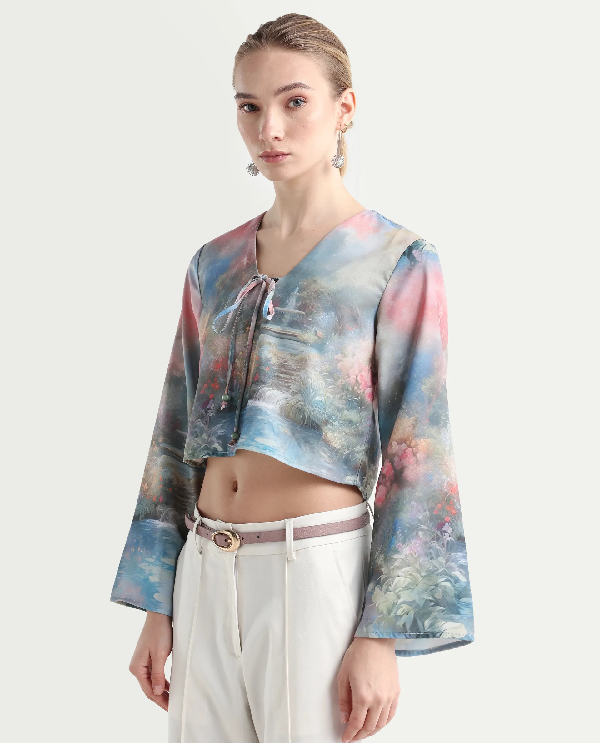 Rareism Women's Toulon Multi Satin V-Neck Abstract Print Bell Sleeve Crop Regular Fit Top - Image 5
