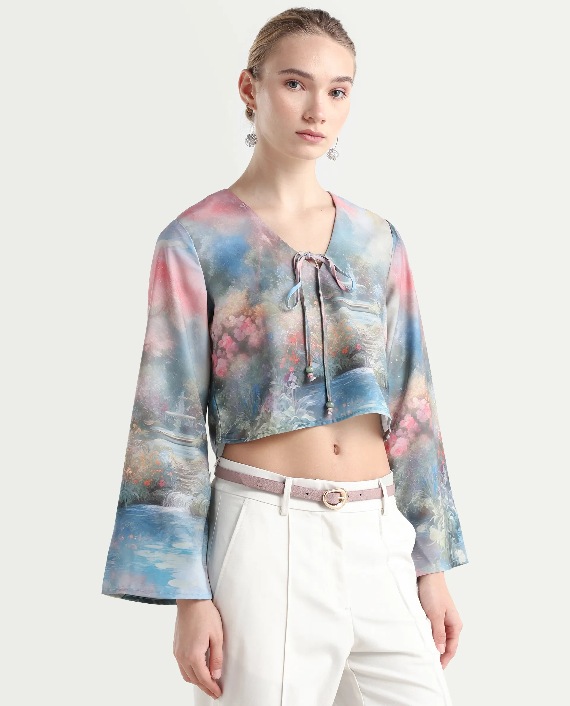 Rareism Women's Toulon Multi Satin V-Neck Abstract Print Bell Sleeve Crop Regular Fit Top - Image 6