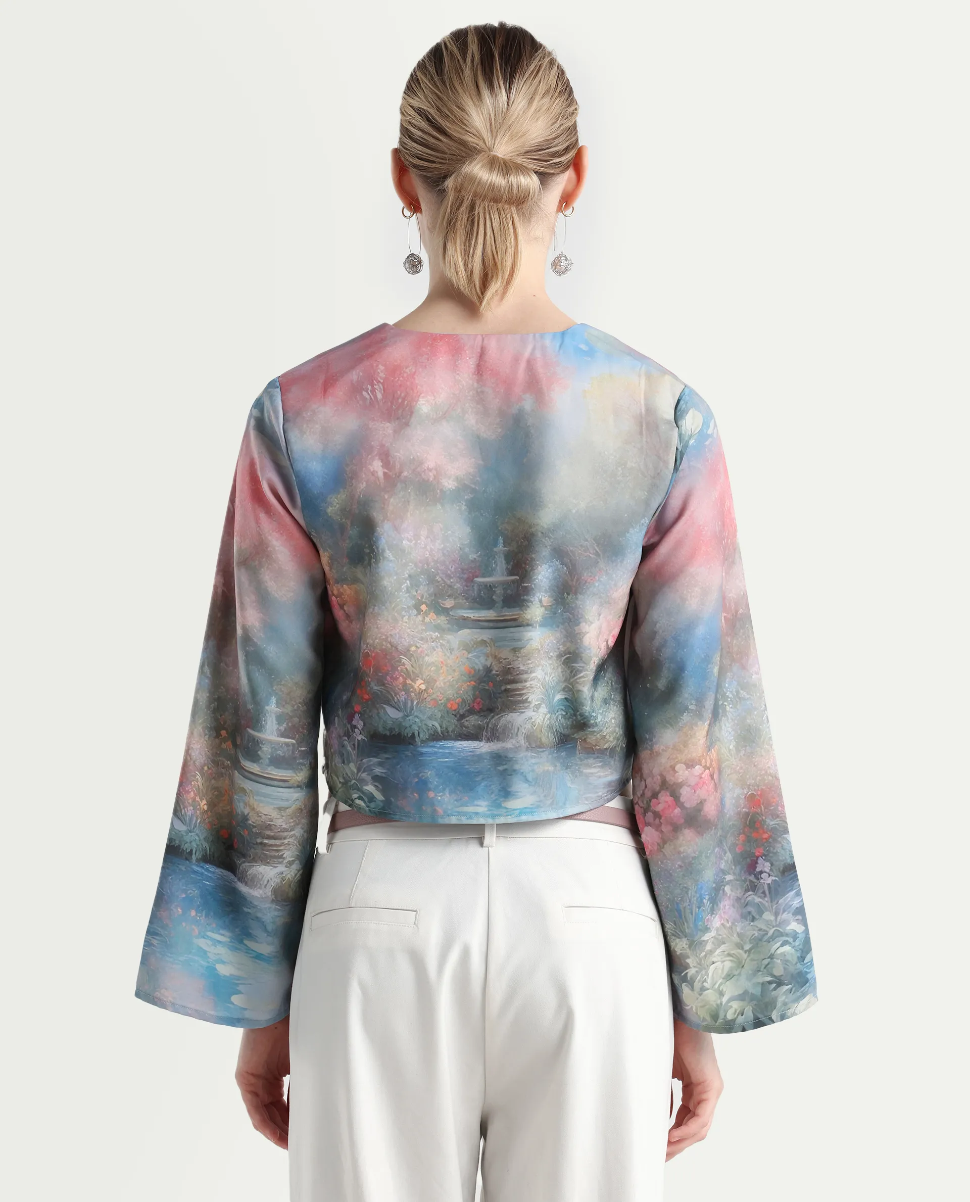 Rareism Women's Toulon Multi Satin V-Neck Abstract Print Bell Sleeve Crop Regular Fit Top - Image 7
