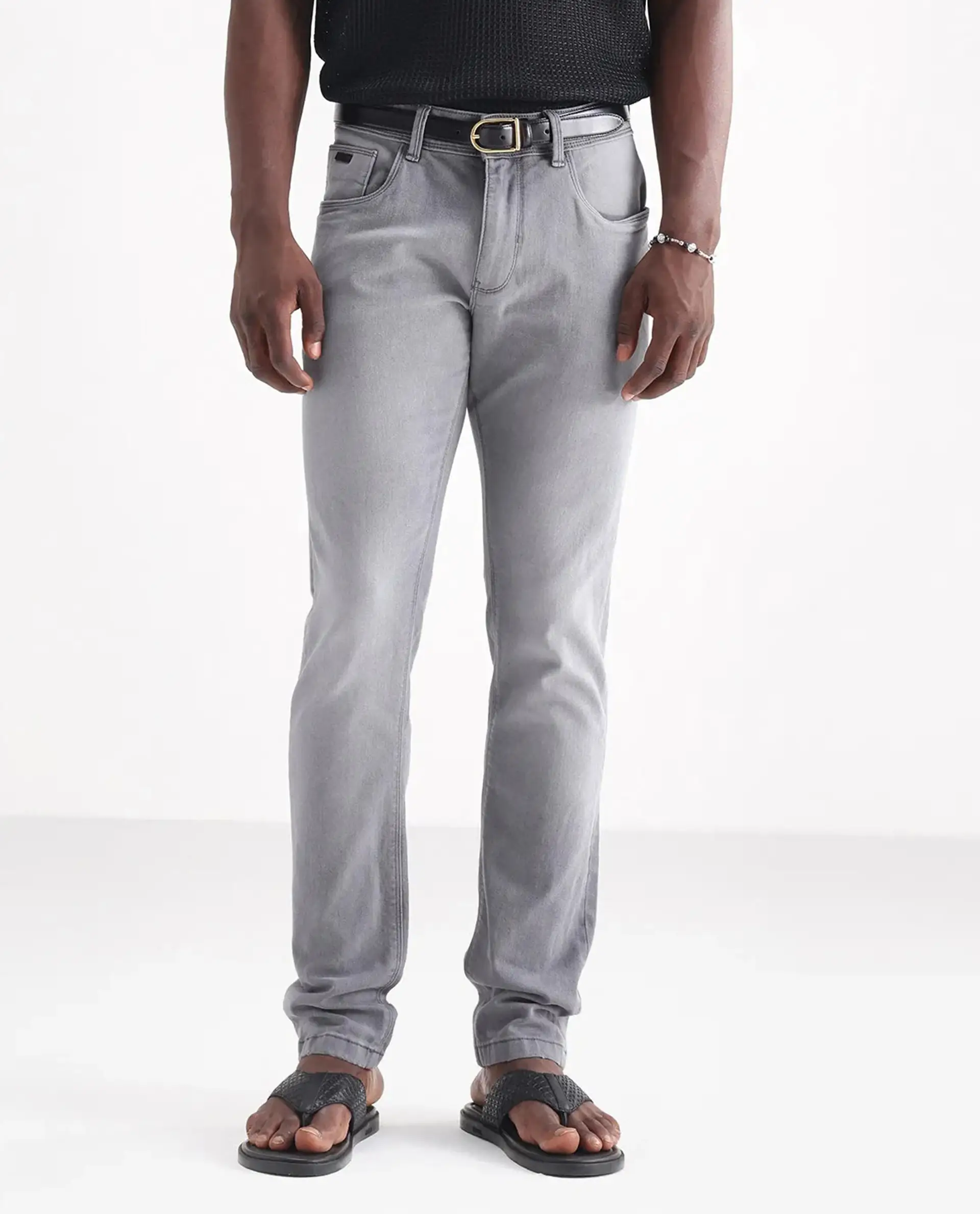 Rare Rabbit Men's Toulouse Light Grey Cotton Plain Hawk Slim Fit Jeans - Image 10
