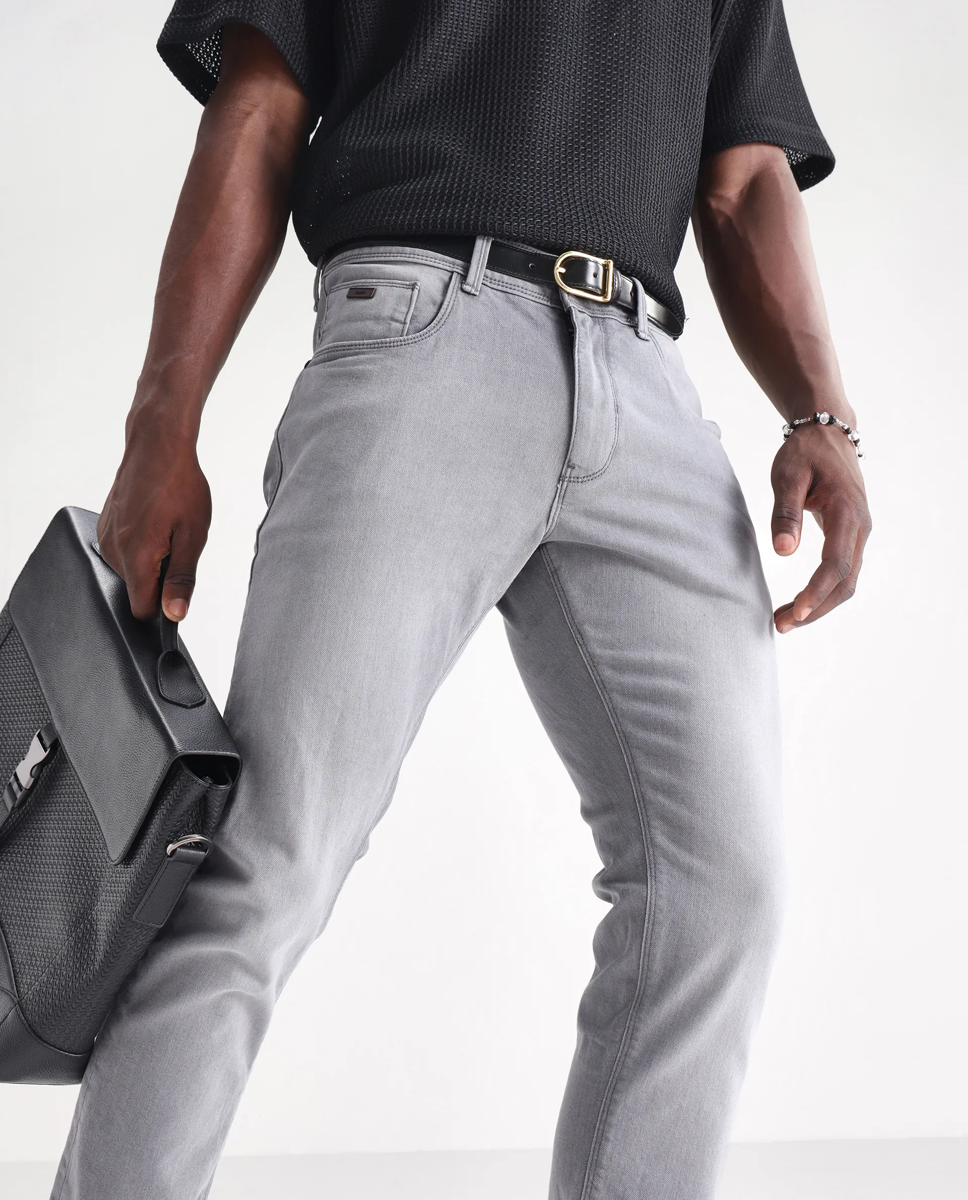 Rare Rabbit Men's Toulouse Light Grey Cotton Plain Hawk Slim Fit Jeans - Image 2