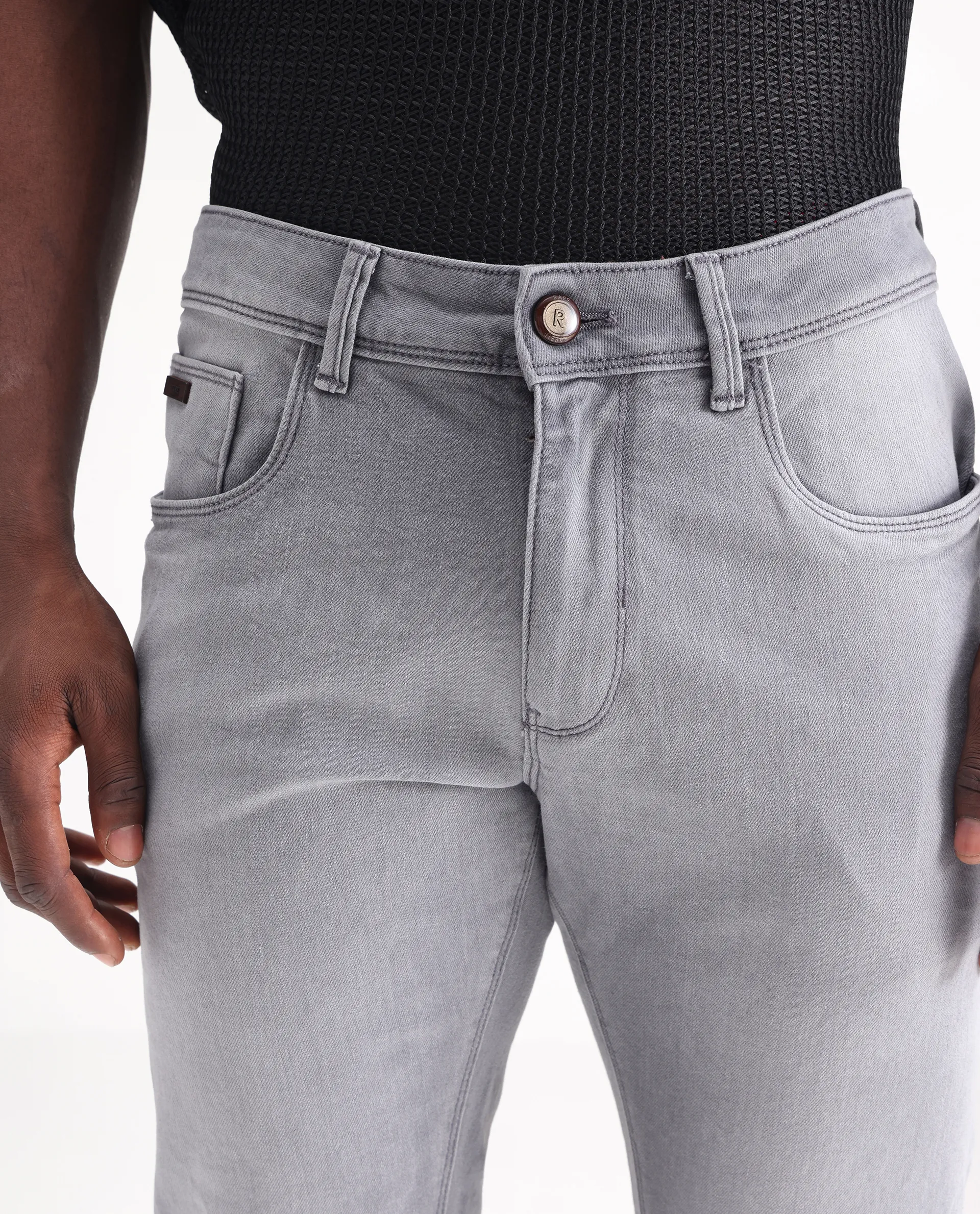 Rare Rabbit Men's Toulouse Light Grey Cotton Plain Hawk Slim Fit Jeans - Image 3