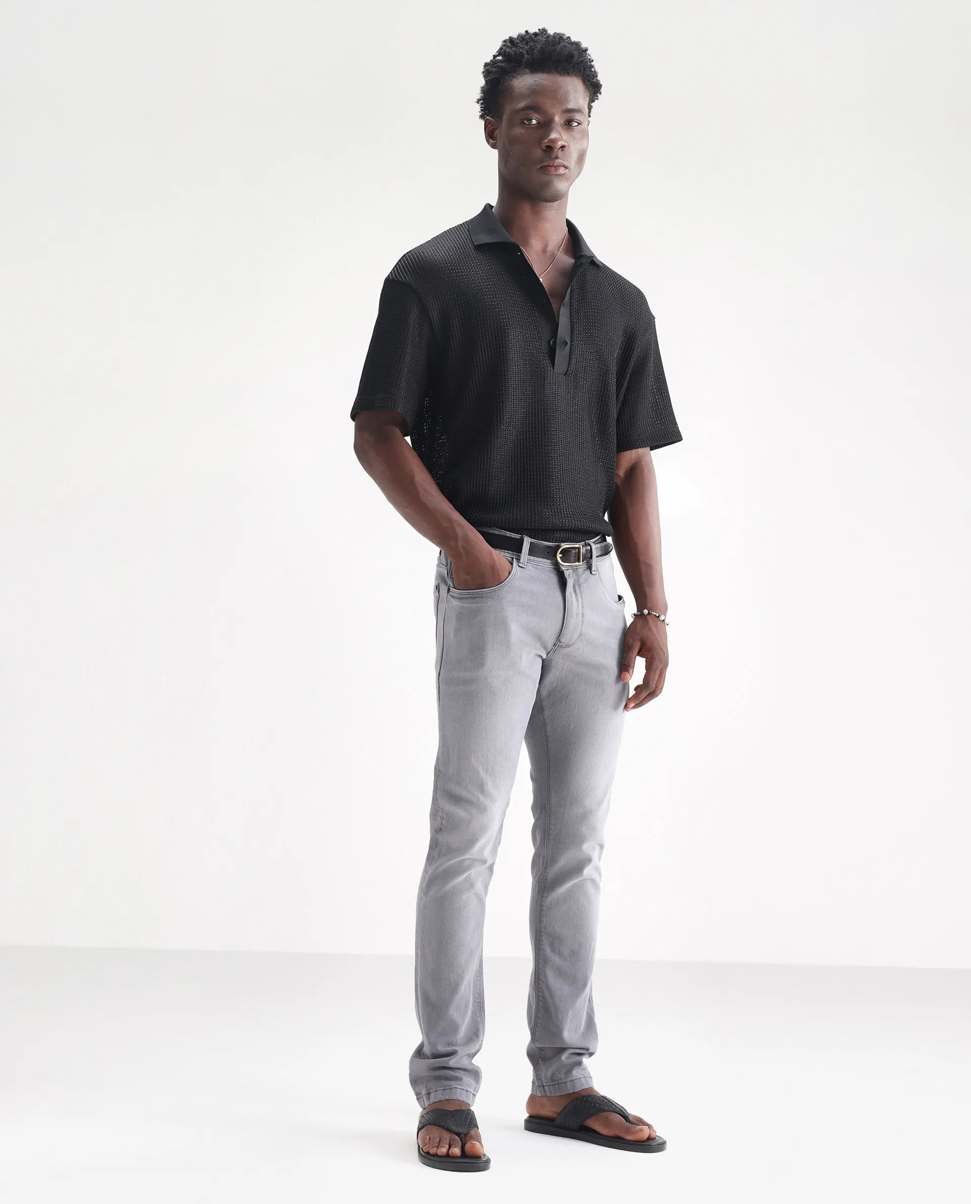 Rare Rabbit Men's Toulouse Light Grey Cotton Plain Hawk Slim Fit Jeans - Image 5